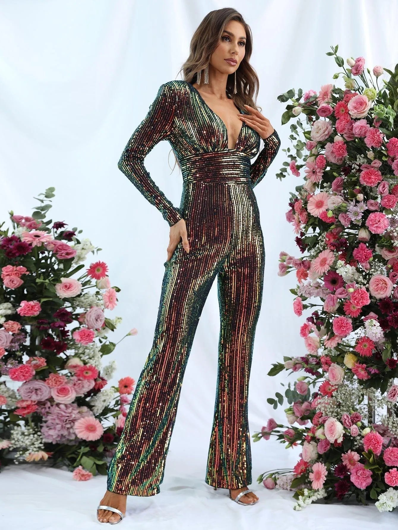 Deep V Neck Long Sleeves Sequin Party Jumpsuit - Elonnashop