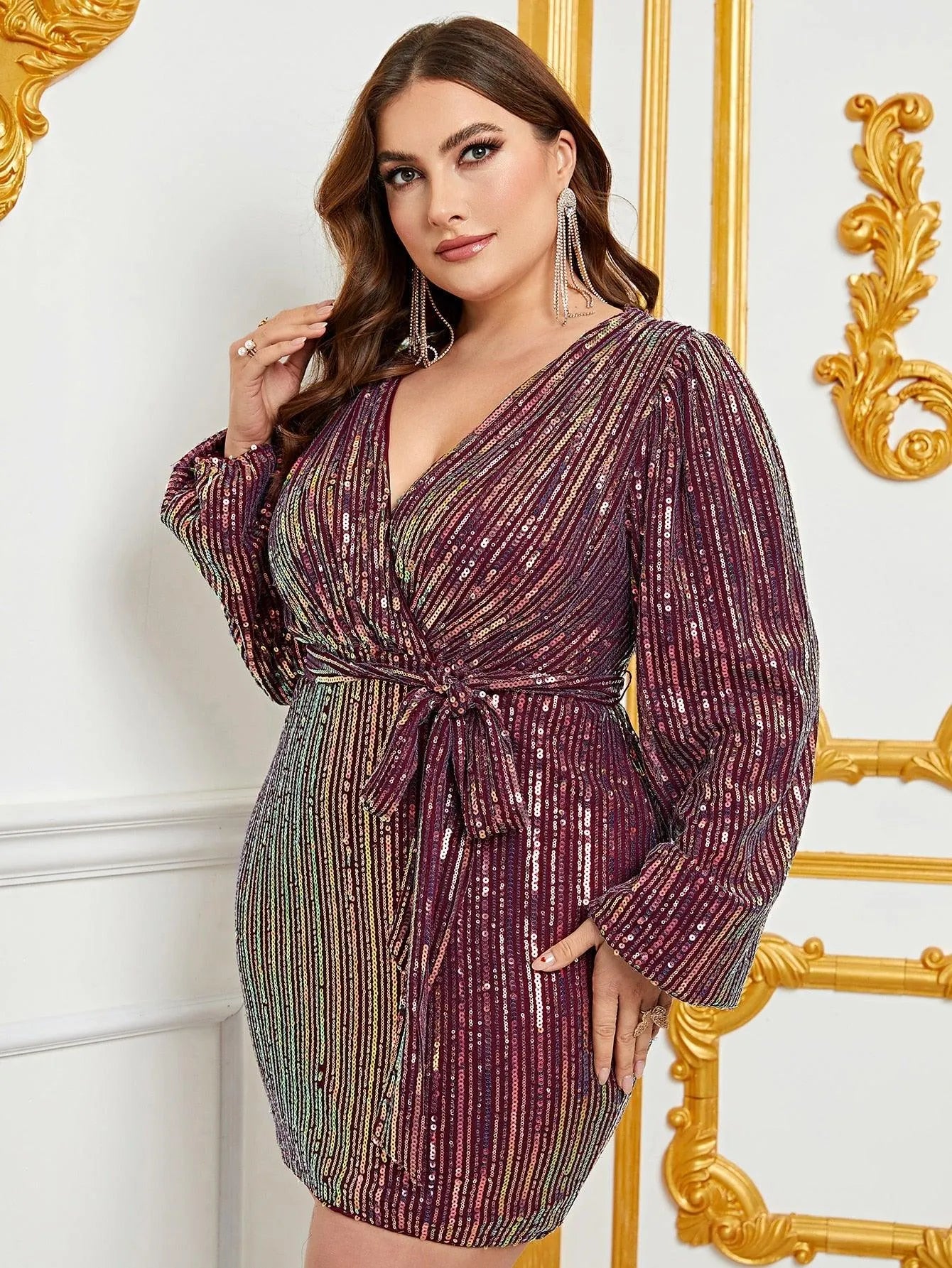 Plus Surplice Neck Lantern Sleeves Sequin Belted Dress - Elonnashop