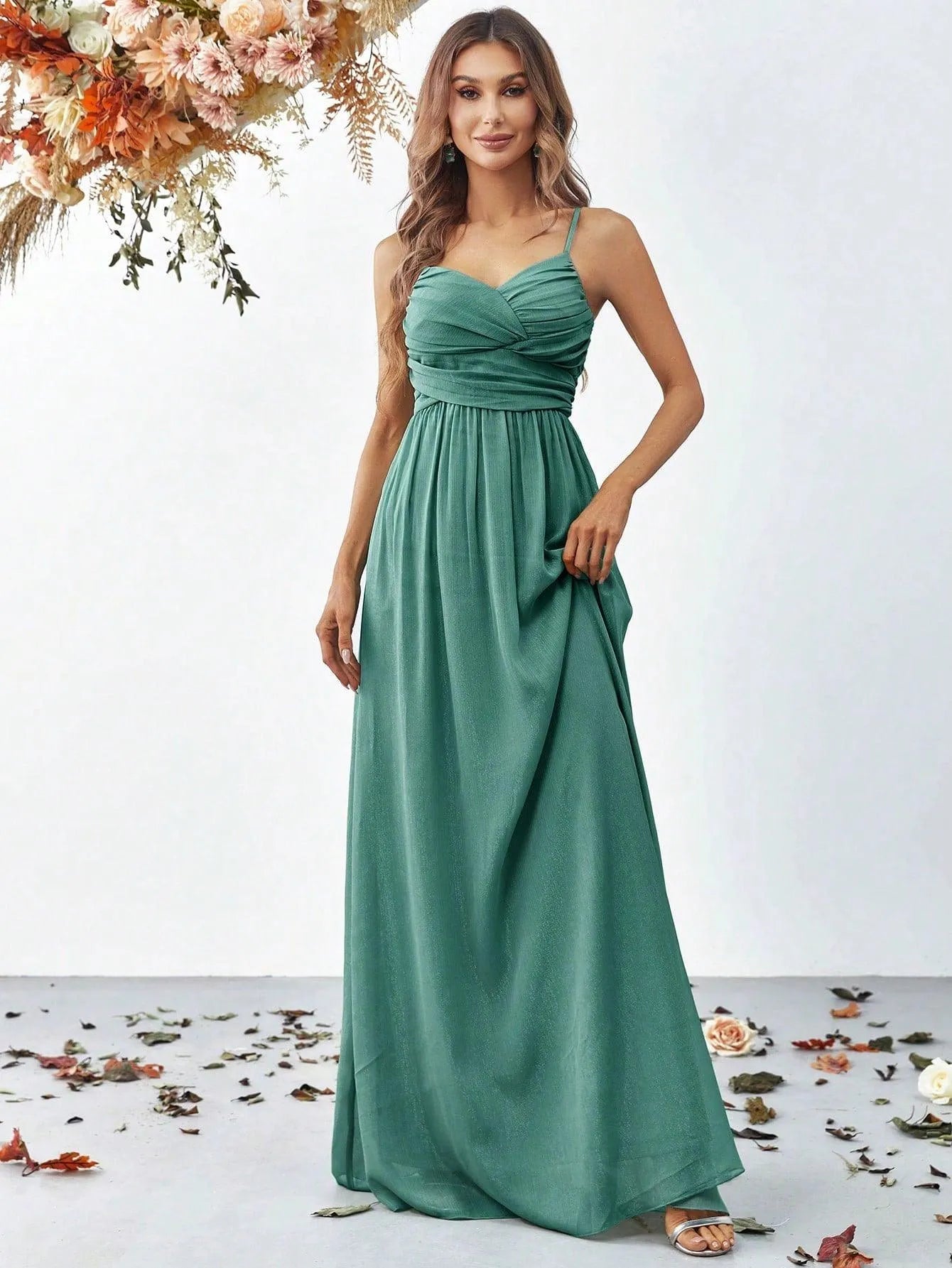 Solid Ruched Front Floor Length Cami Dresses - Elonnashop