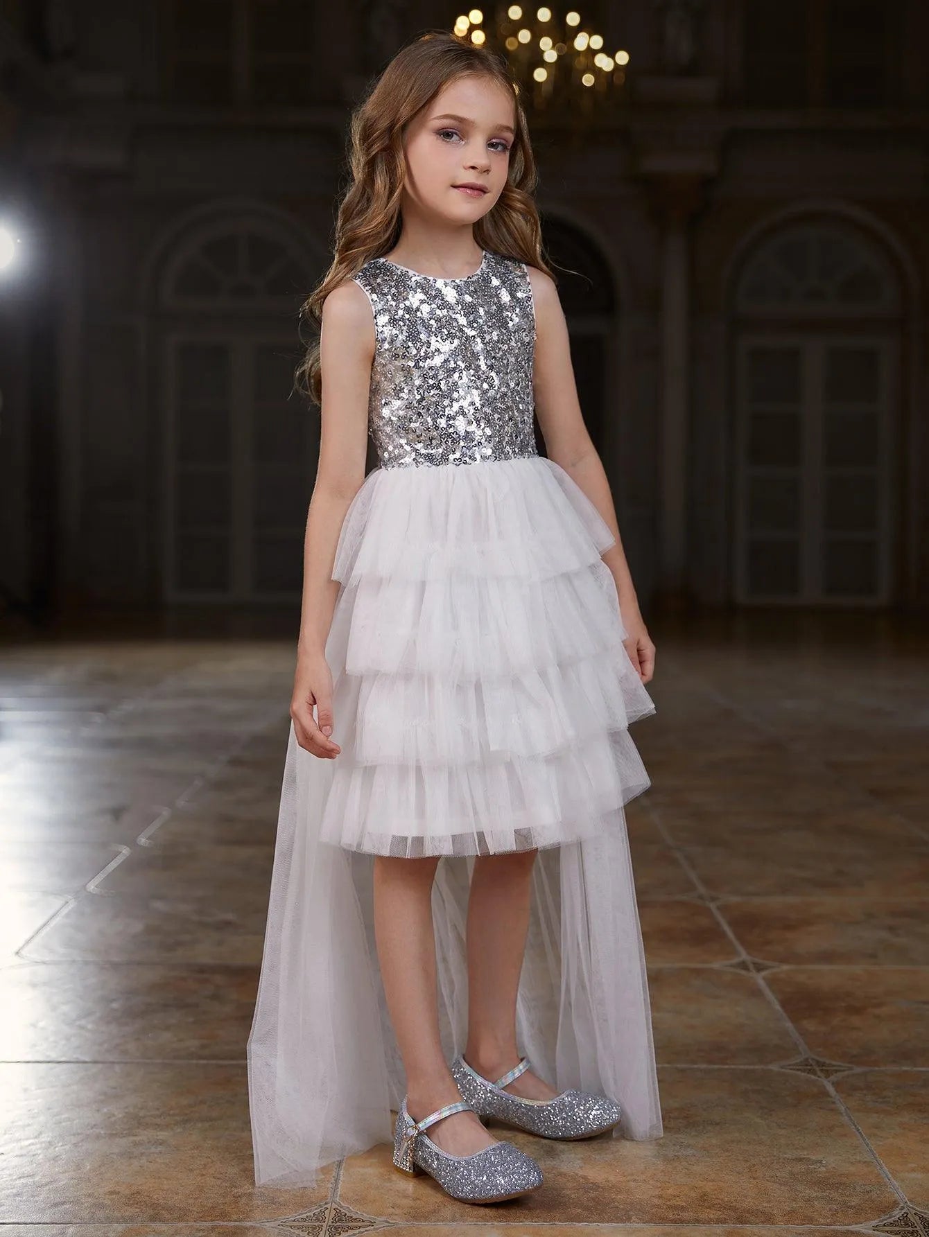 Tween Girls' Mesh Layered Hem Sequin Party Dress - Elonnashop