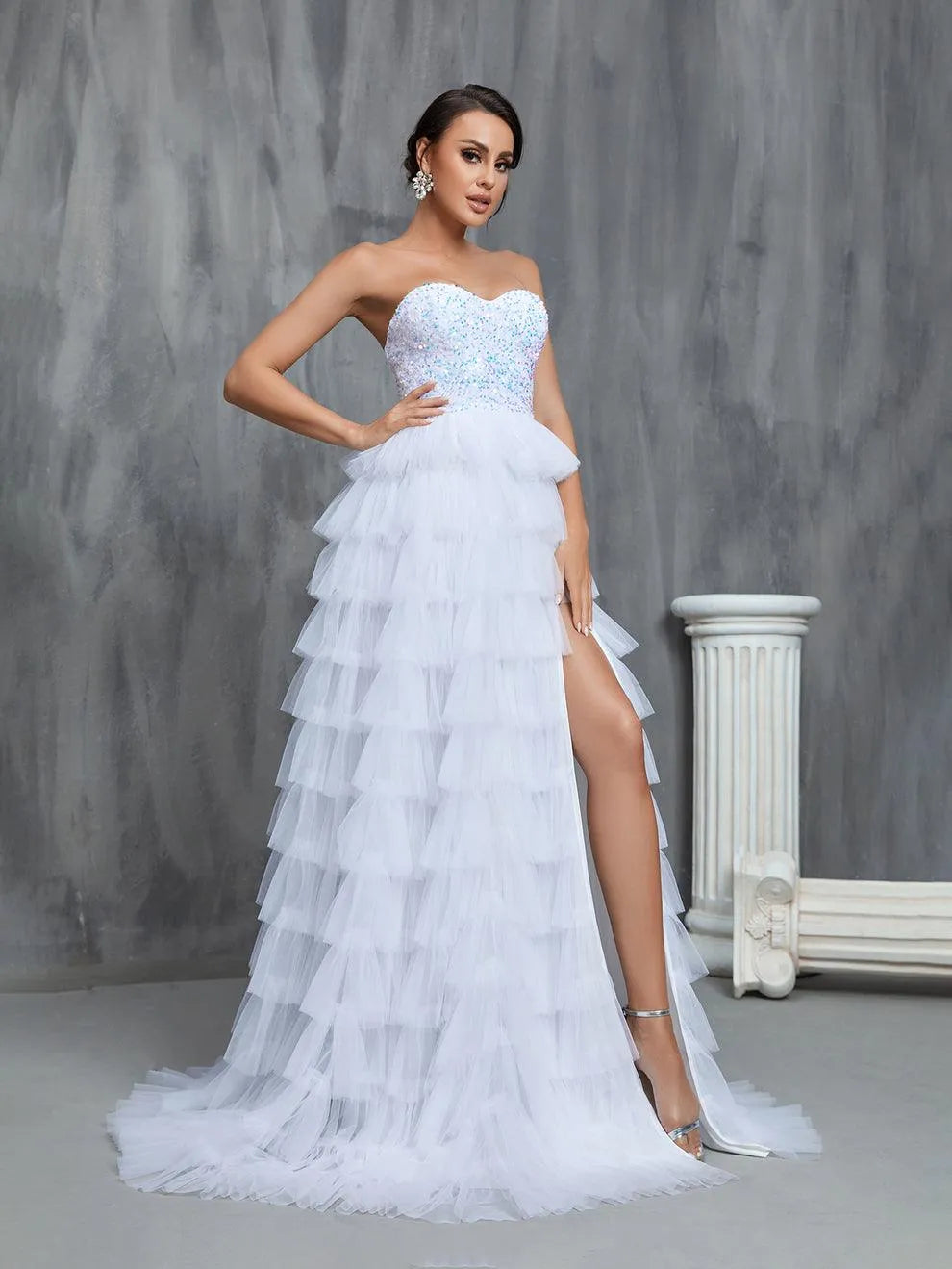 Sequin Bodice Contrast Cascading Ruffle Wedding Dresses - Elonnashop