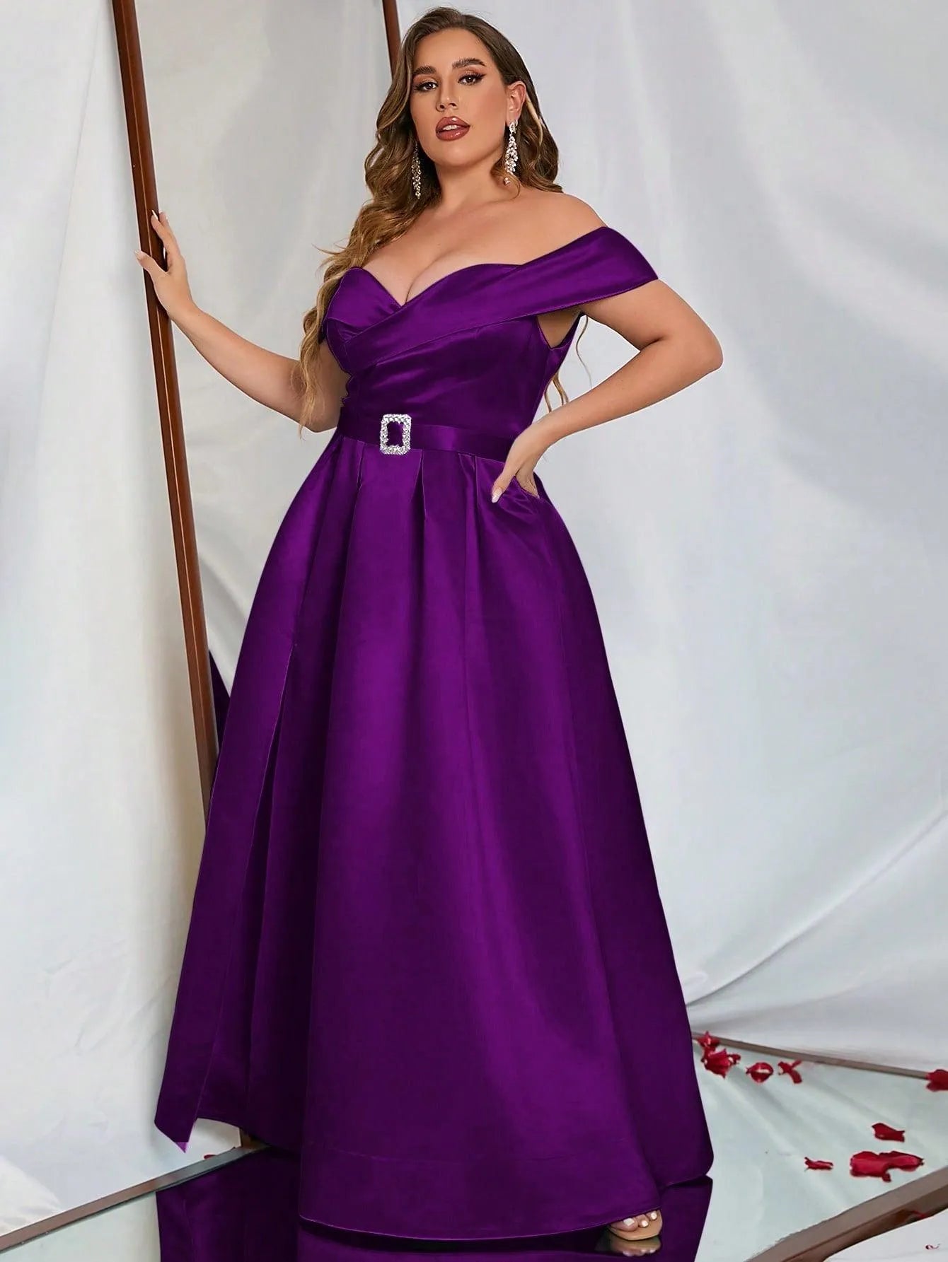 Plus Off Shoulder Buckle Belted Satin Ball Gown - Elonnashop