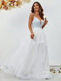 Sequin Bodice Contrast Mesh Hem Cami Wedding Dresses - Elonnashop