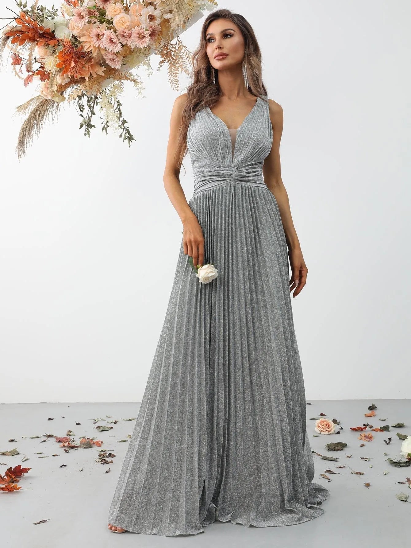 Glitter V Neck Sleeveless Maxi A Line Pleated Gown - Elonnashop