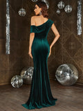 Asymmetrical Neck Ruched Wrap Hem Velvet Prom Dress - Elonnashop