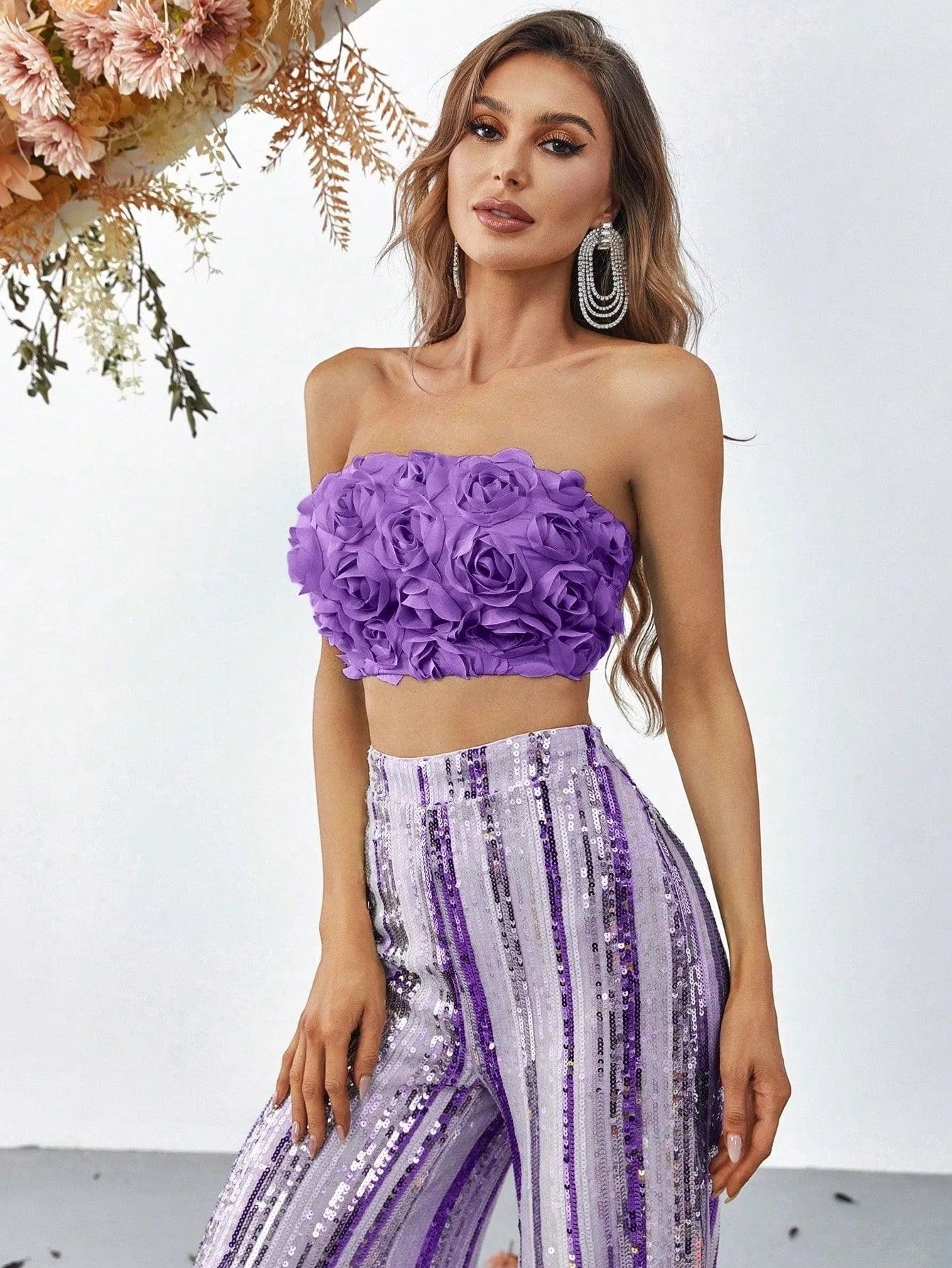 3D Flowers Tube Top & Sequin Wide Leg Pants - Elonnashop