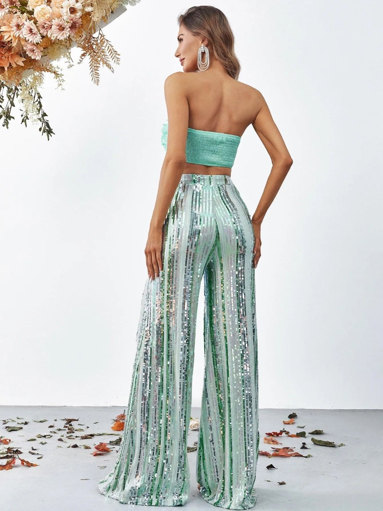 3D Flowers Tube Top & Sequin Wide Leg Pants - Elonnashop