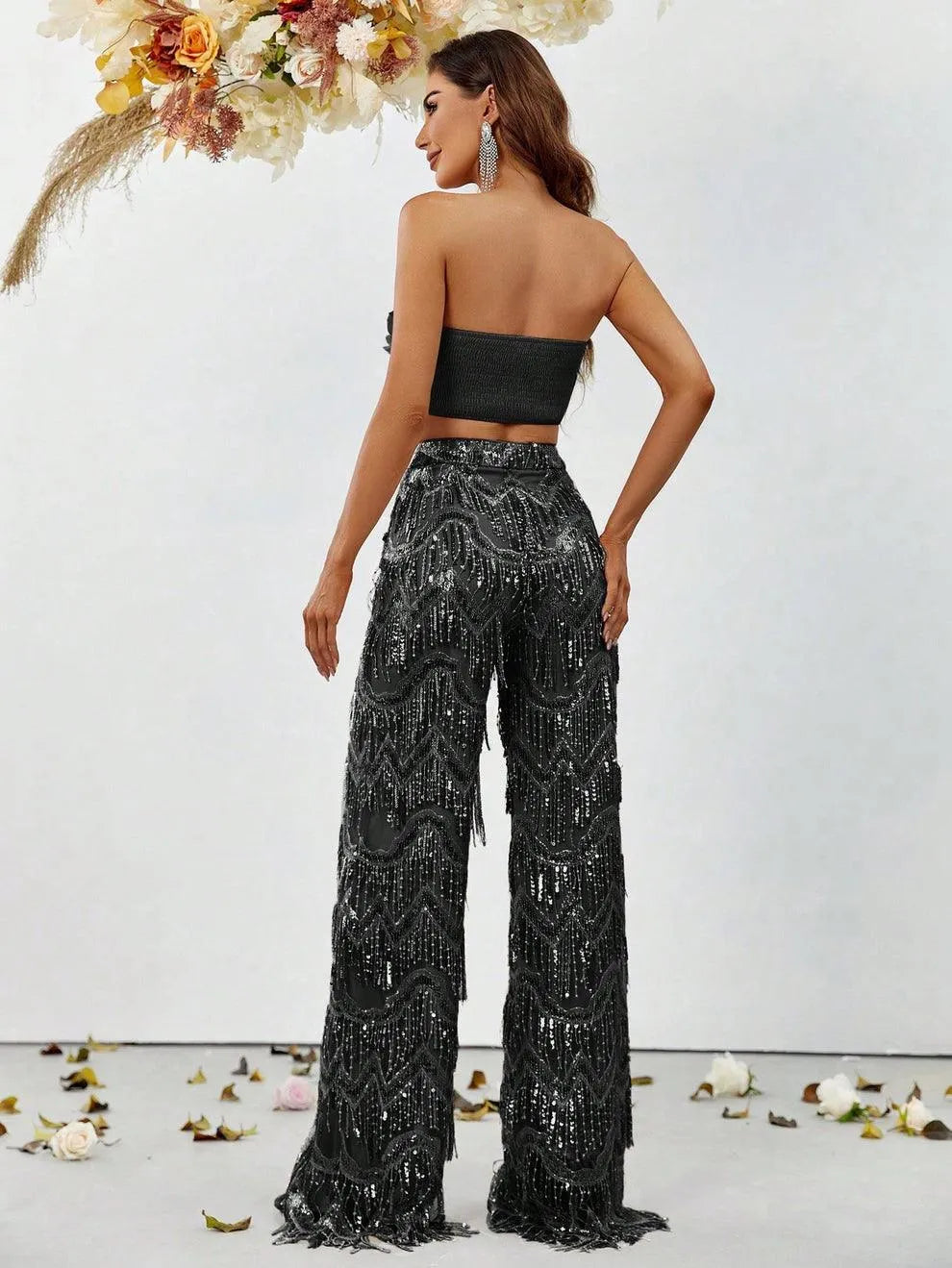 3D Flower Tube Top & Sequin Fringed Pants - Elonnashop