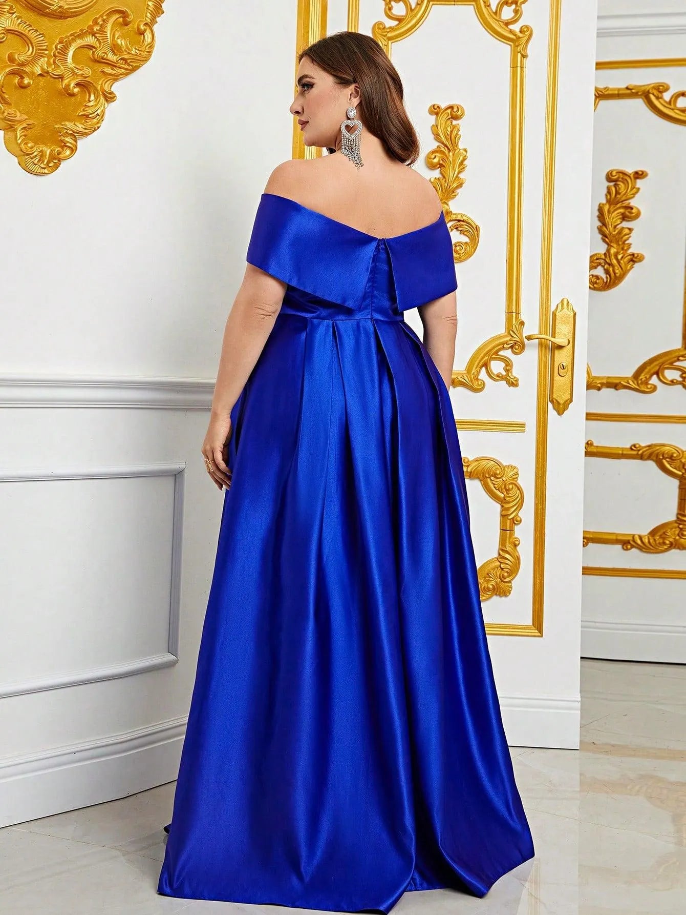 Plus Elegant Off Shoulder Satin A Line Prom Dress - Elonnashop