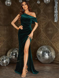 Asymmetrical Neck Ruched Wrap Hem Velvet Prom Dress - Elonnashop