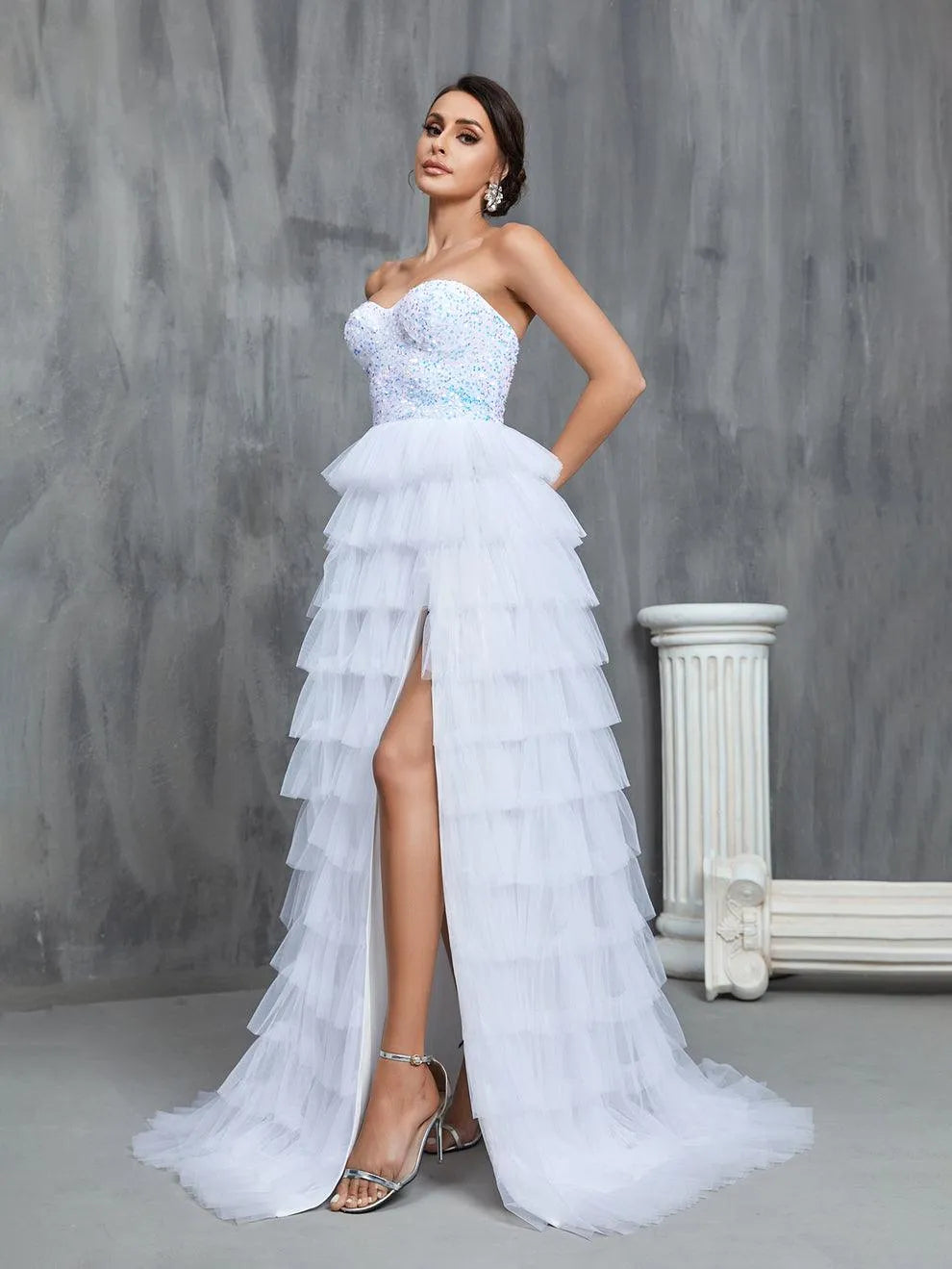 Sequin Bodice Contrast Cascading Ruffle Wedding Dresses - Elonnashop