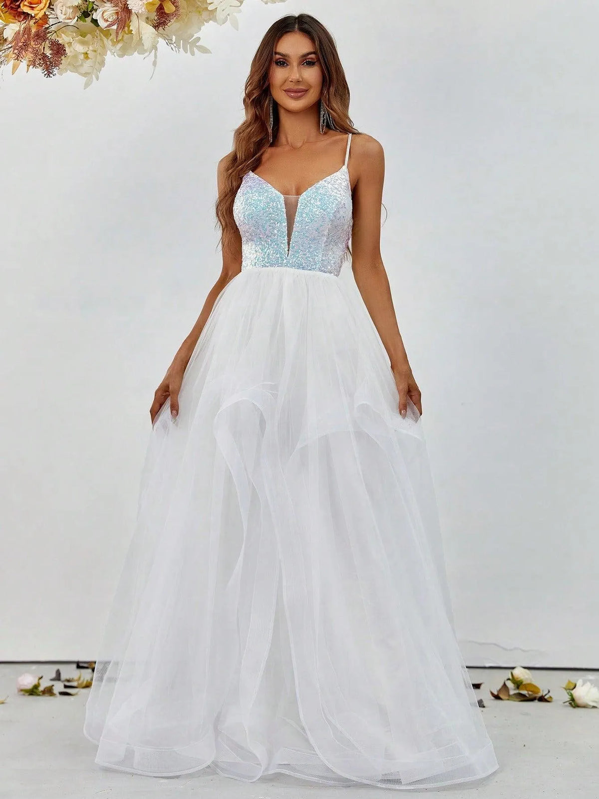 Sequin Bodice Contrast Mesh Hem Cami Wedding Dresses - Elonnashop