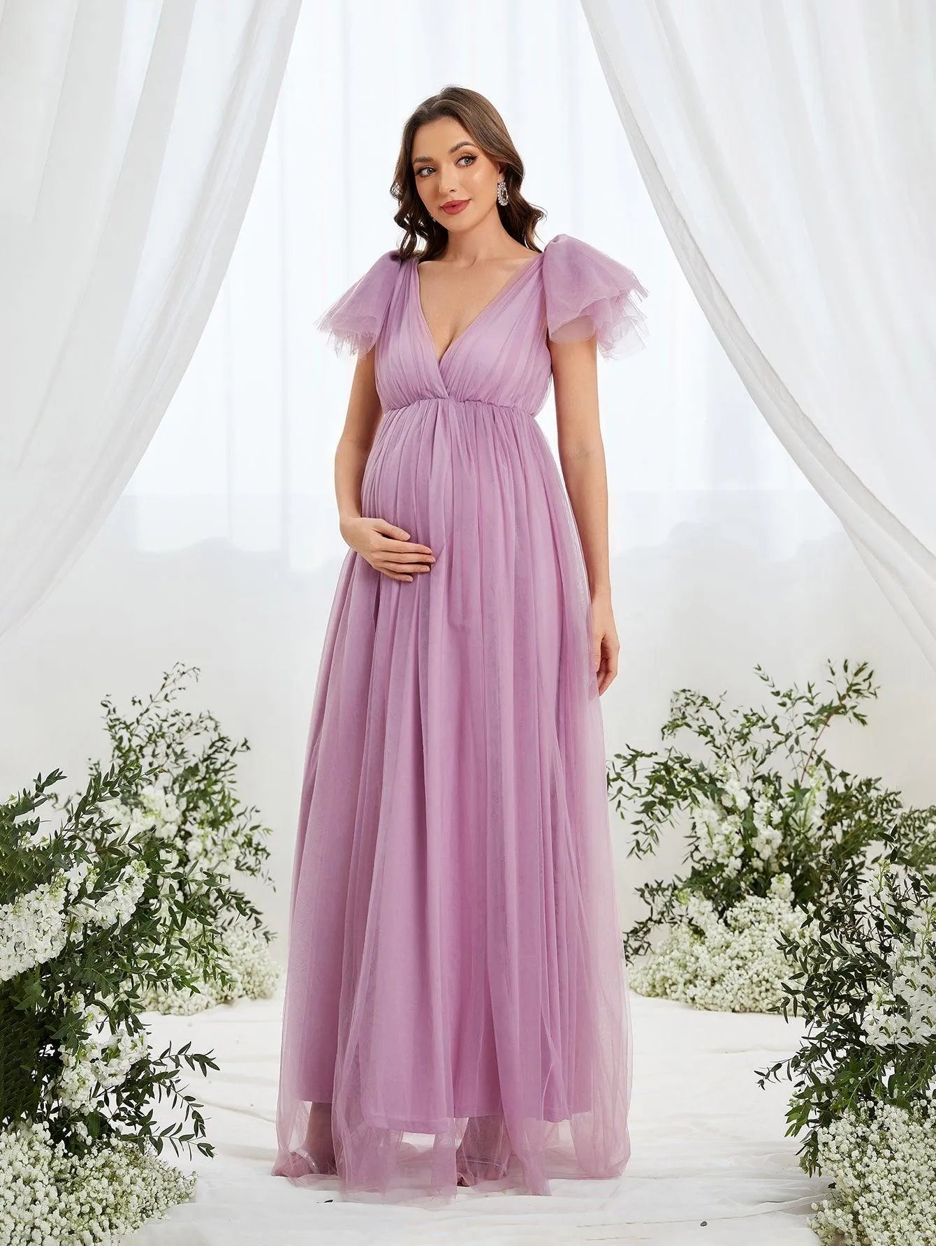 Maternity Plunging Neck Ruffle Sleeve Mesh Slit Dress - Elonnashop