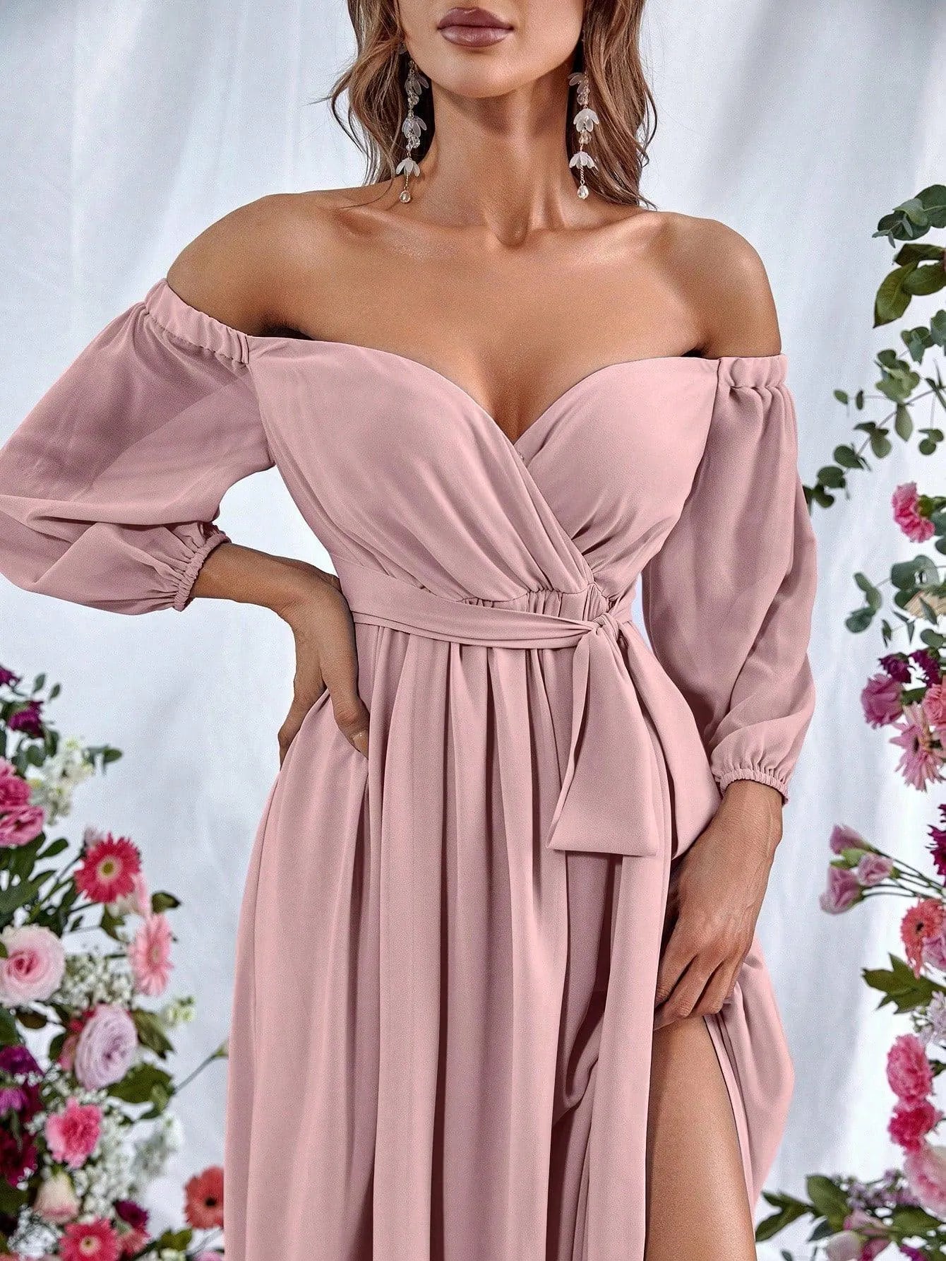 Off Shoulder Split Thigh Belted Chiffon A Line Dress - Elonnashop