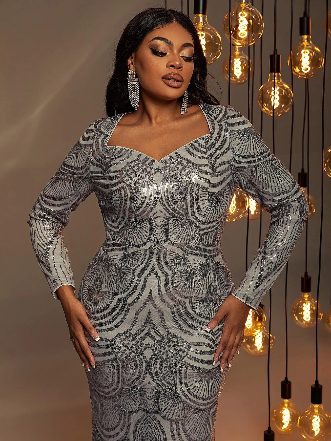 Plus Size Long Sleeve Sequin Mermaid Formal Dresses - Elonnashop