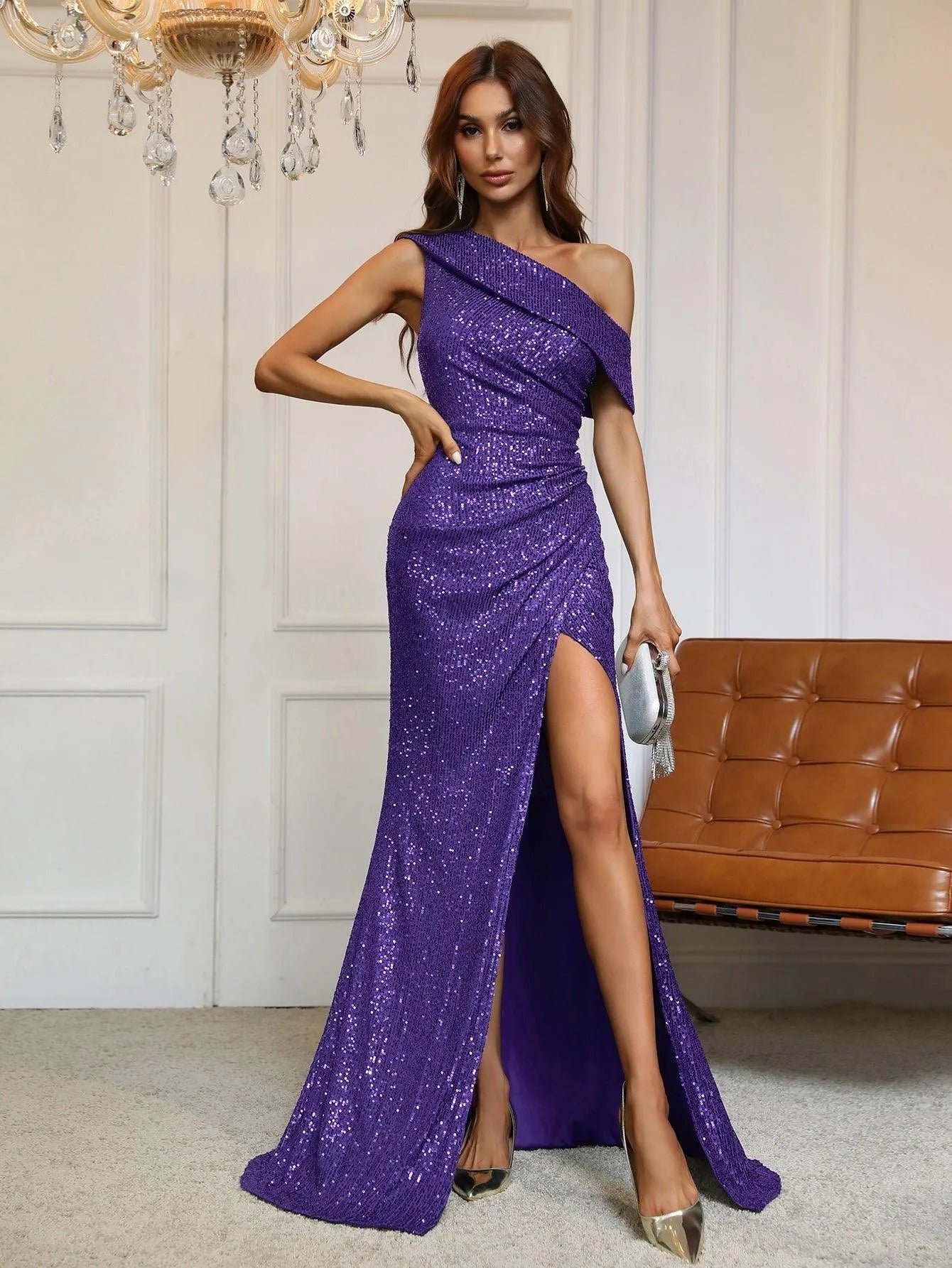 One-Shoulder Sequined Gown with Thigh-High Slit - Elonnashop