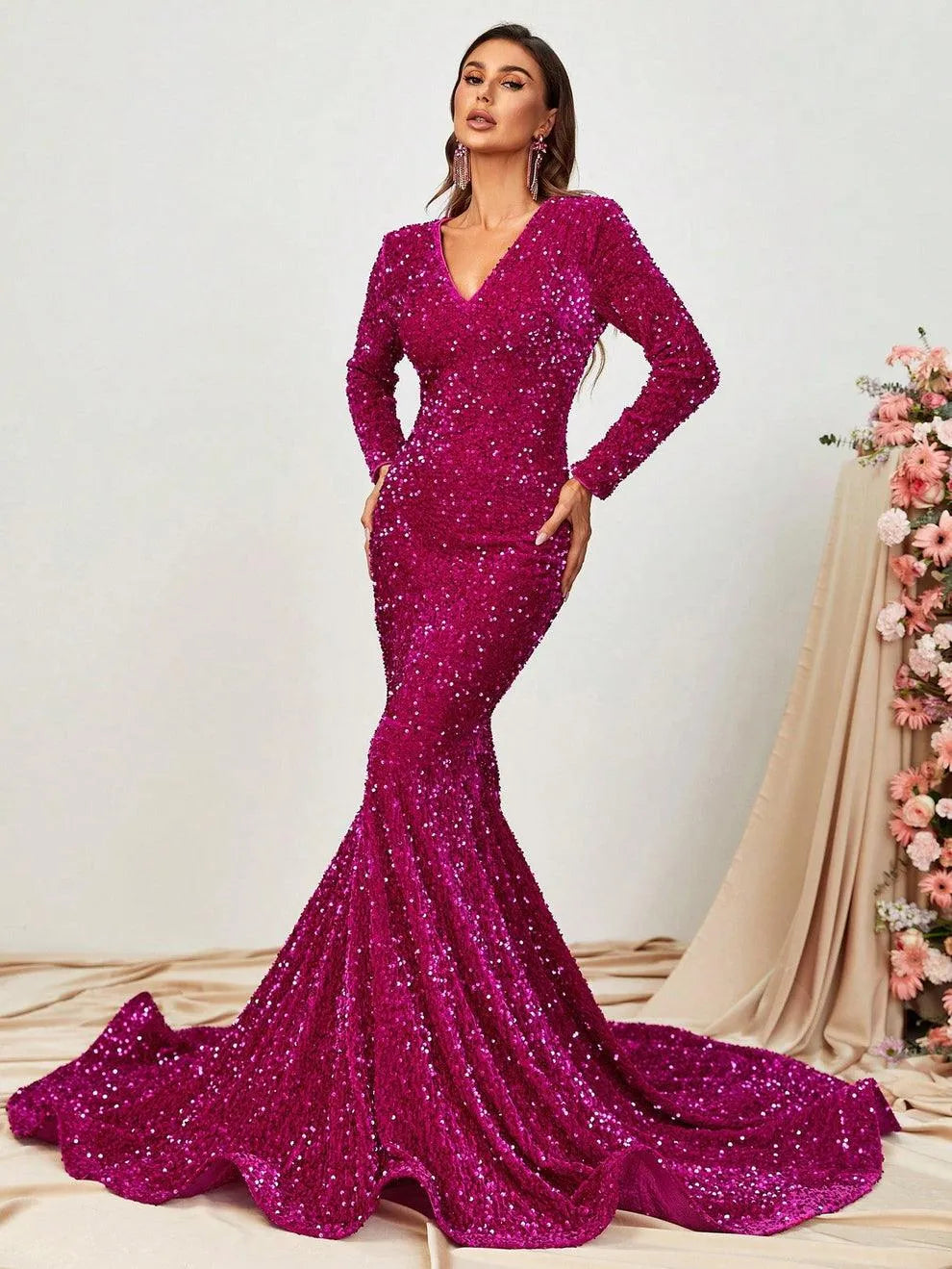 Elegant V Neck Long Sleeve Sequin Prom Dresses - Elonnashop