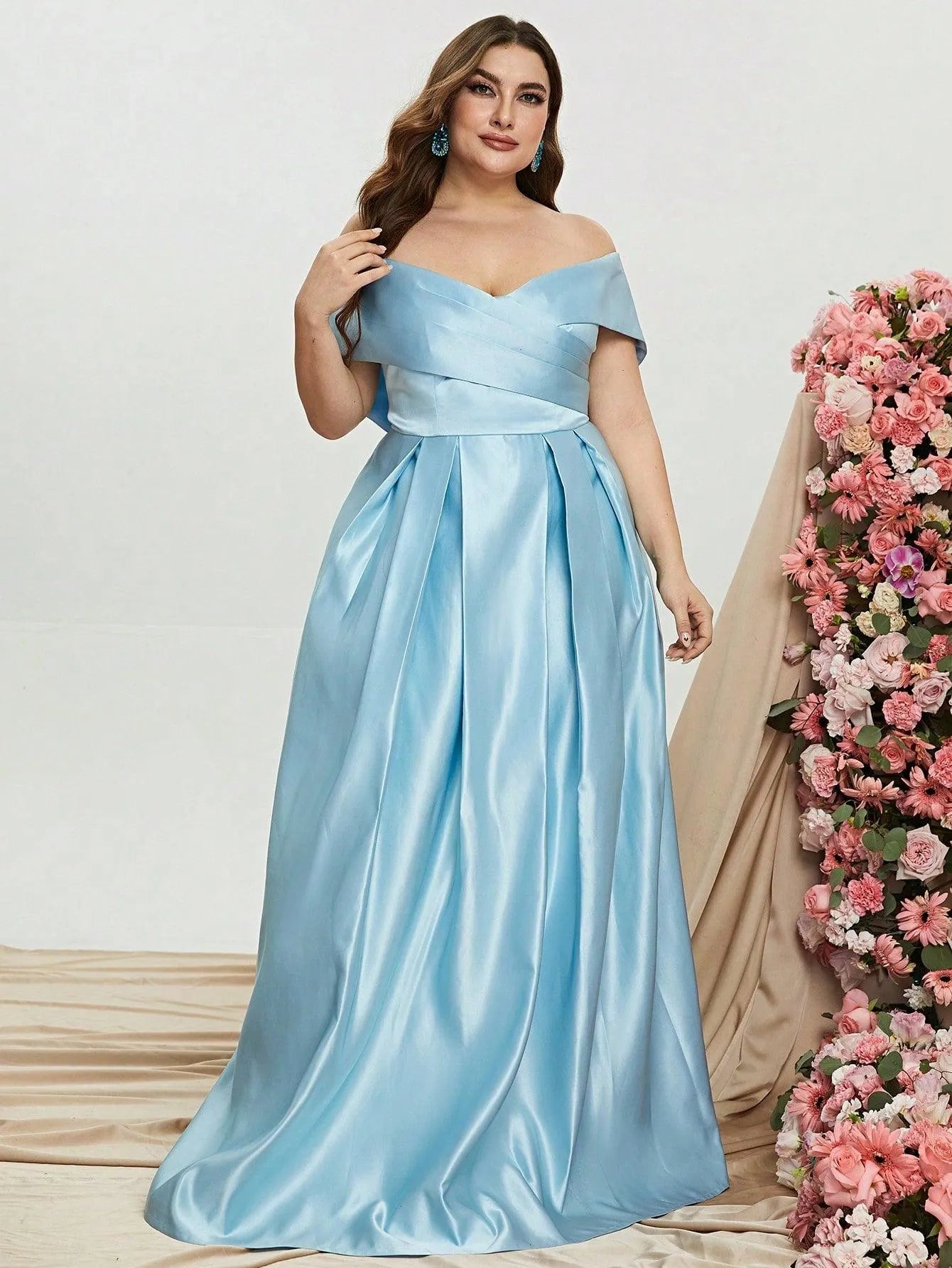 Plus Elegant Off Shoulder Satin A Line Prom Dress - Elonnashop