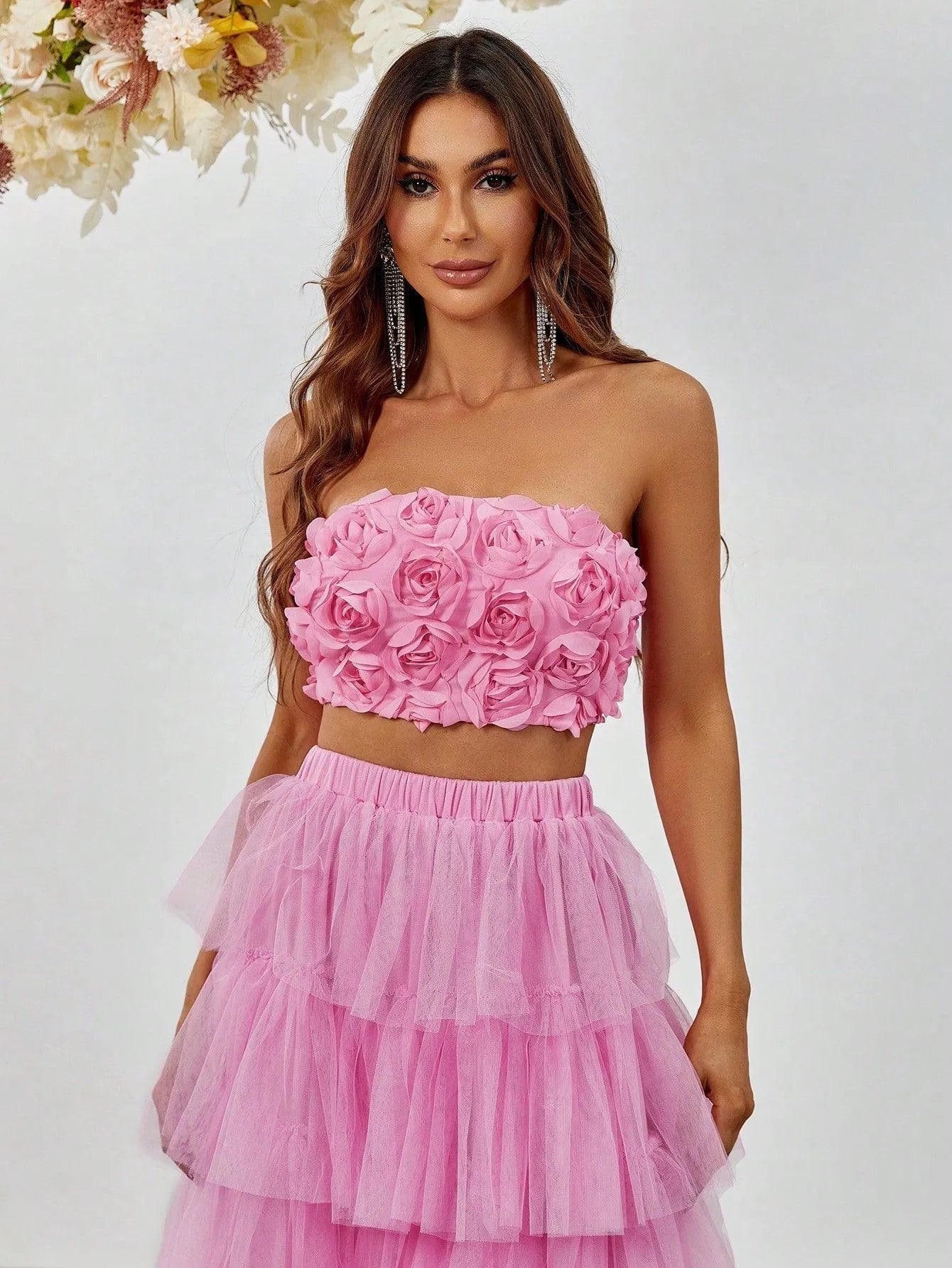 Ruffled Tulle Skirt and Rosette Crop Top Set - Elonnashop