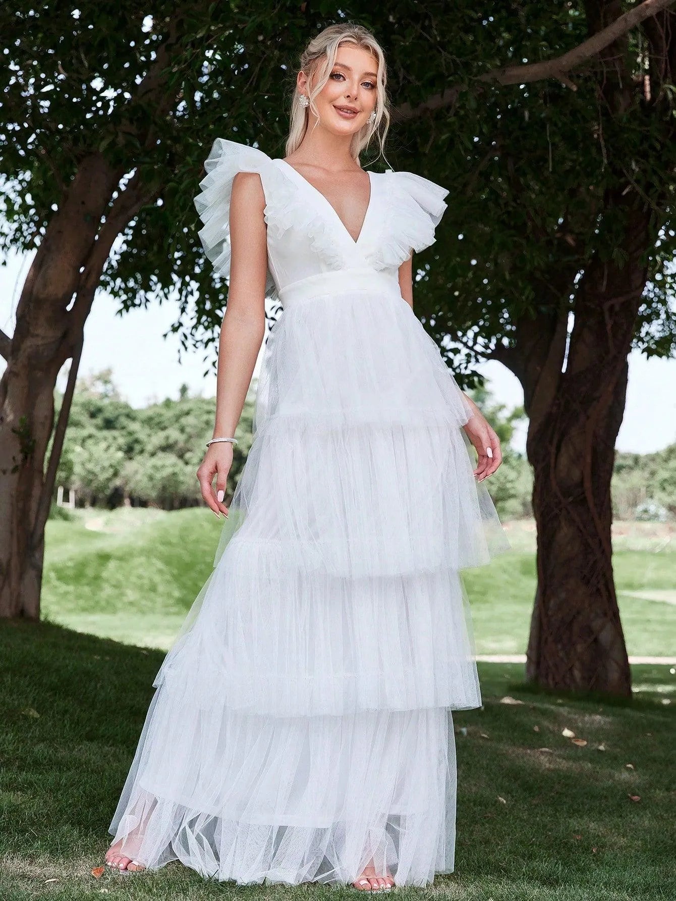 Plunging Neck Backless Ruffle Trim Mesh Wedding Dress - Elonnashop