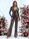 Deep V Neck Long Sleeves Sequin Party Jumpsuit - Elonnashop