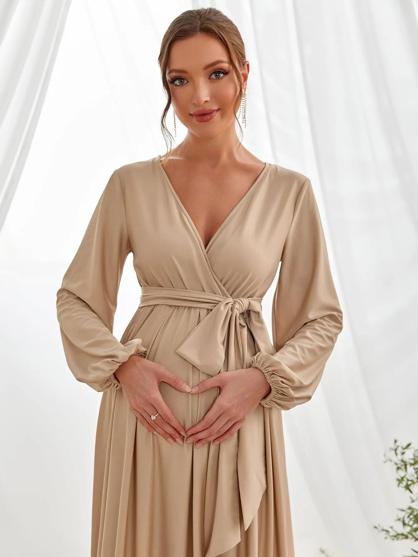 Maternity Surplice Neck A Line Belted Dress - Elonnashop