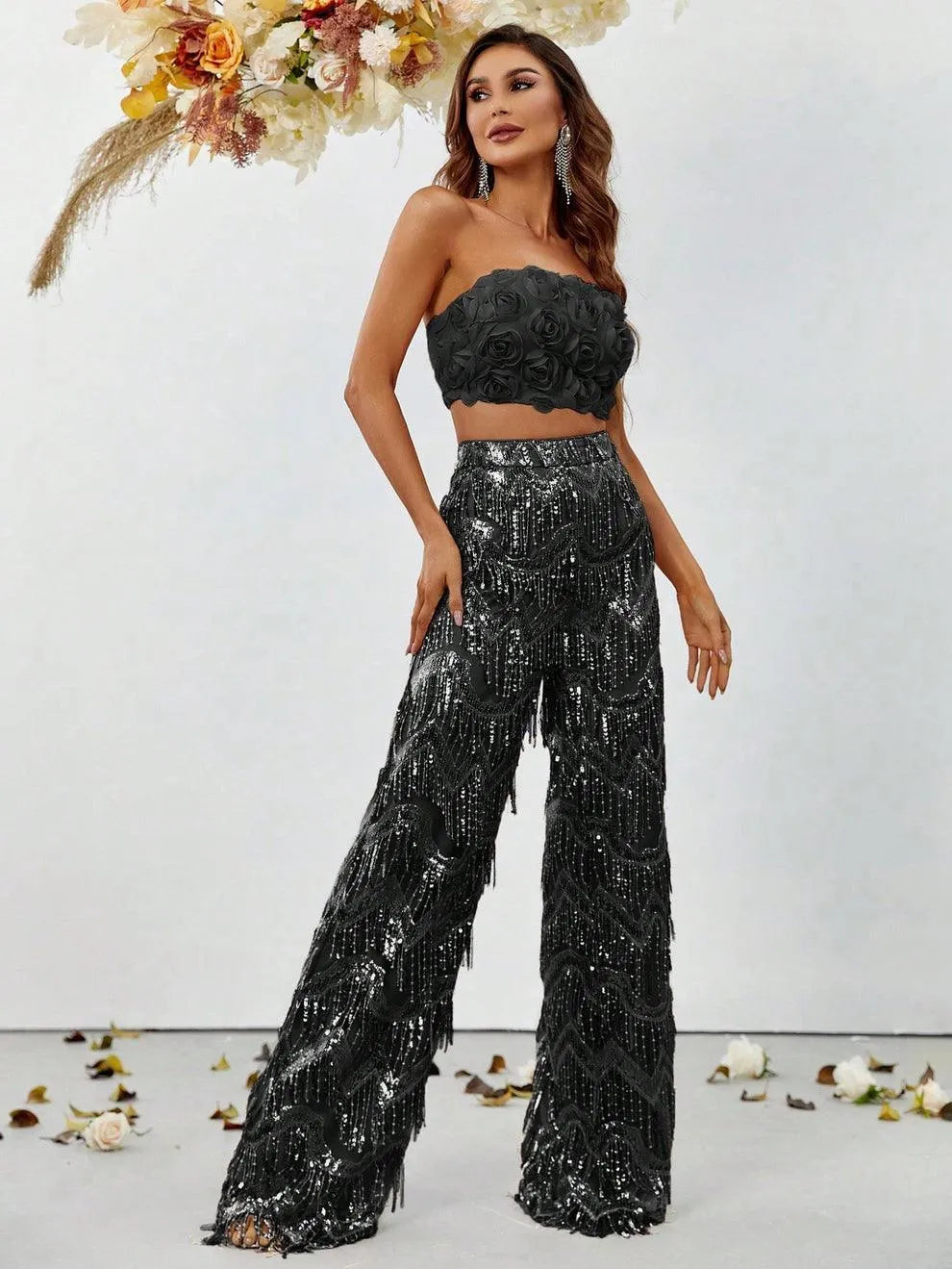 3D Flower Tube Top & Sequin Fringed Pants - Elonnashop