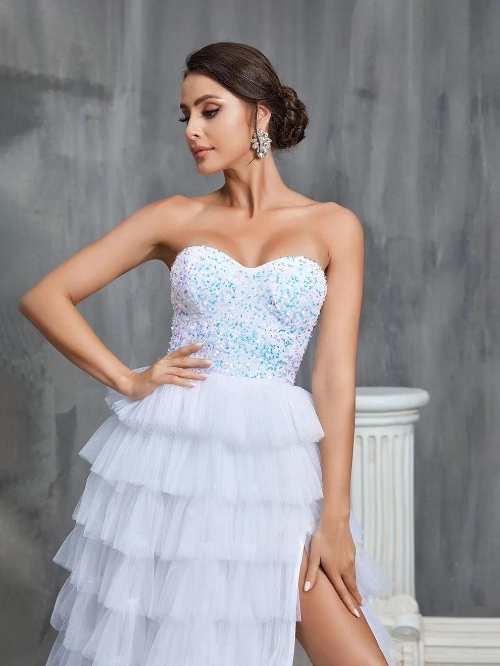 Sequin Bodice Contrast Cascading Ruffle Wedding Dresses - Elonnashop