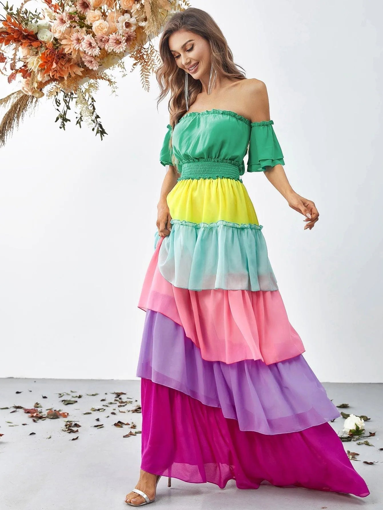 Off Shoulder Ruffle Sleeve Chiffon Layered Dresses - Elonnashop