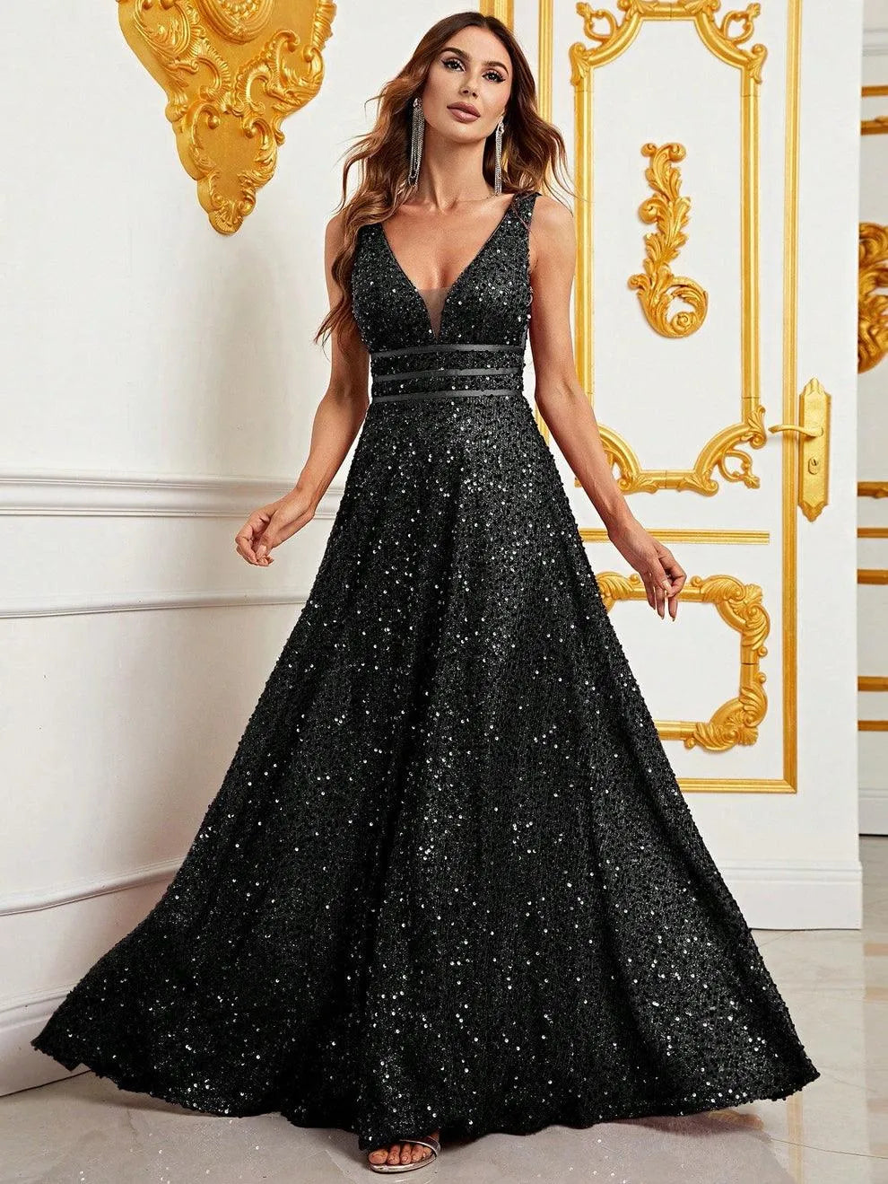 Elegant Deep V Neck Sequin A Line Prom Dresses - Elonnashop