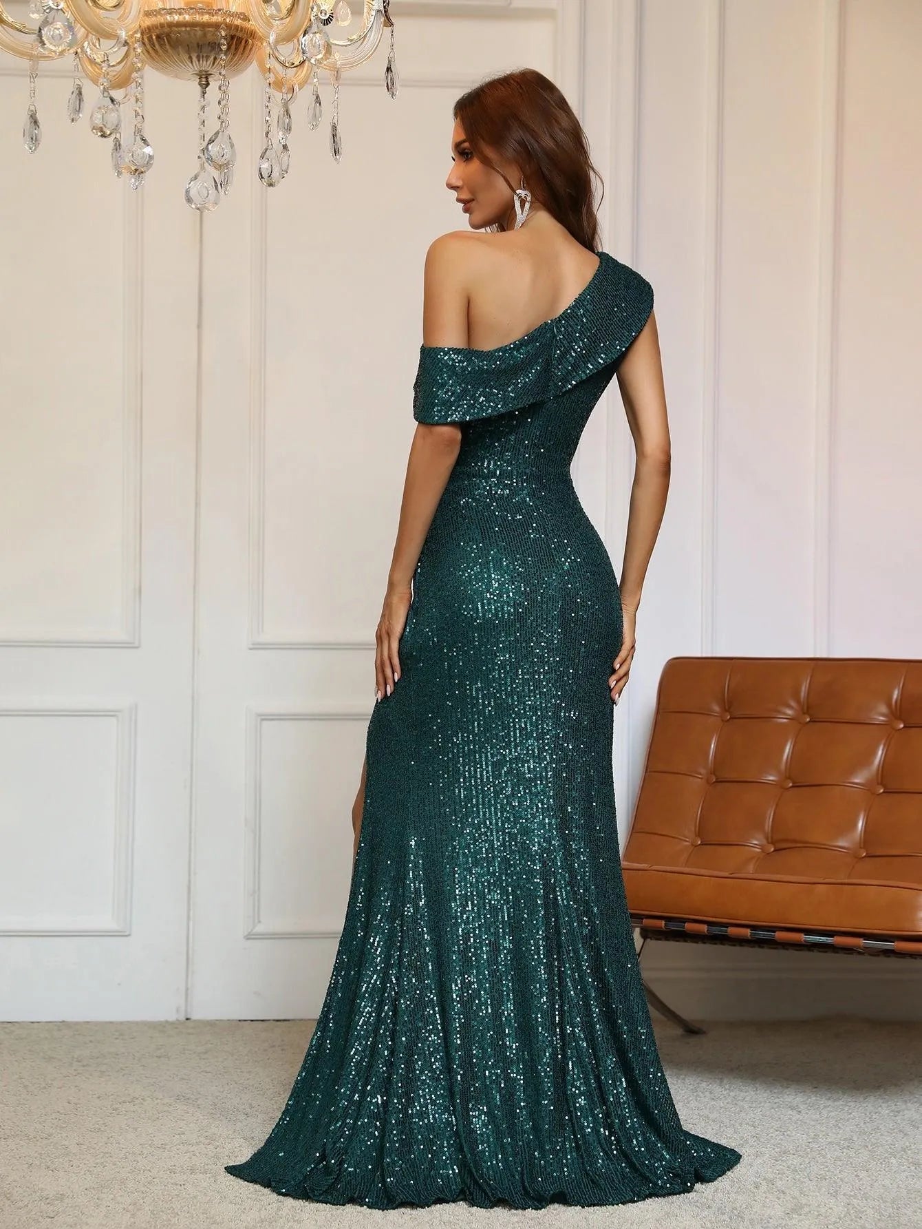 One-Shoulder Sequined Gown with Thigh-High Slit - Elonnashop