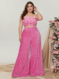 Plus 3D Flowers Tube Top & Sequin Wide Leg Pants - Elonnashop