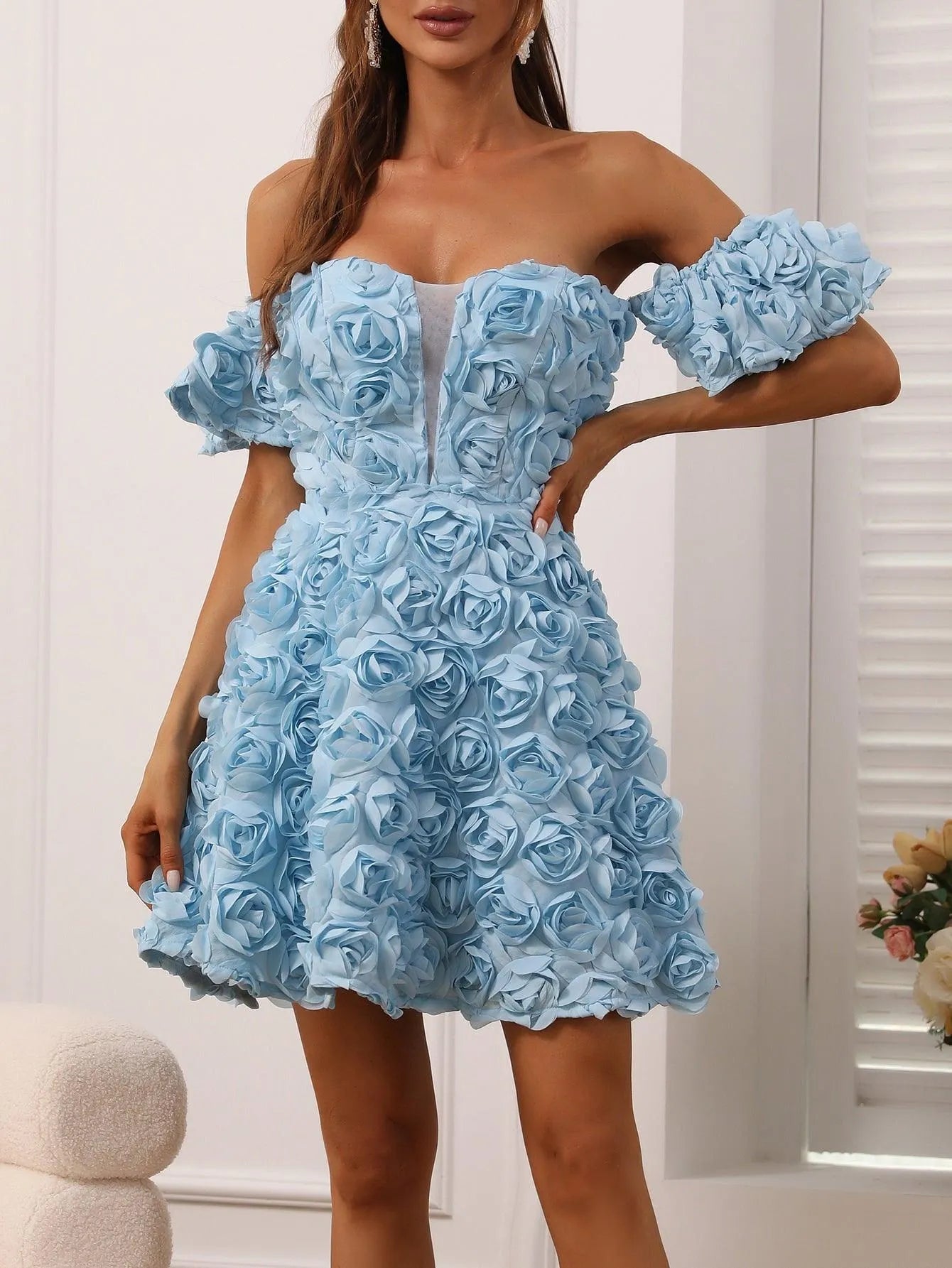 3D Flower Off Shoulder Party Dress - Elonnashop