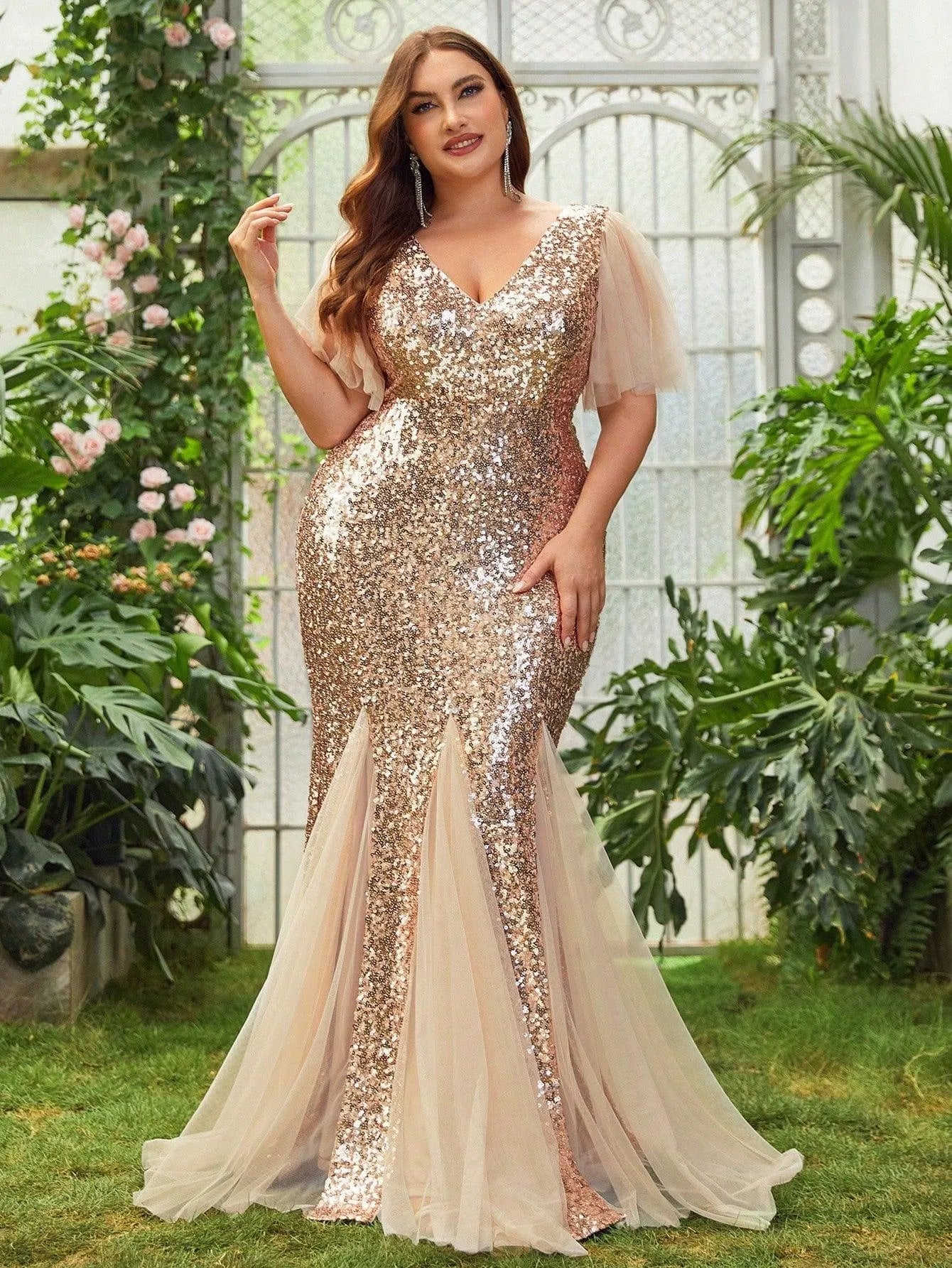 Plus Mesh Mermaid Hem Sequin Formal Dress - Elonnashop