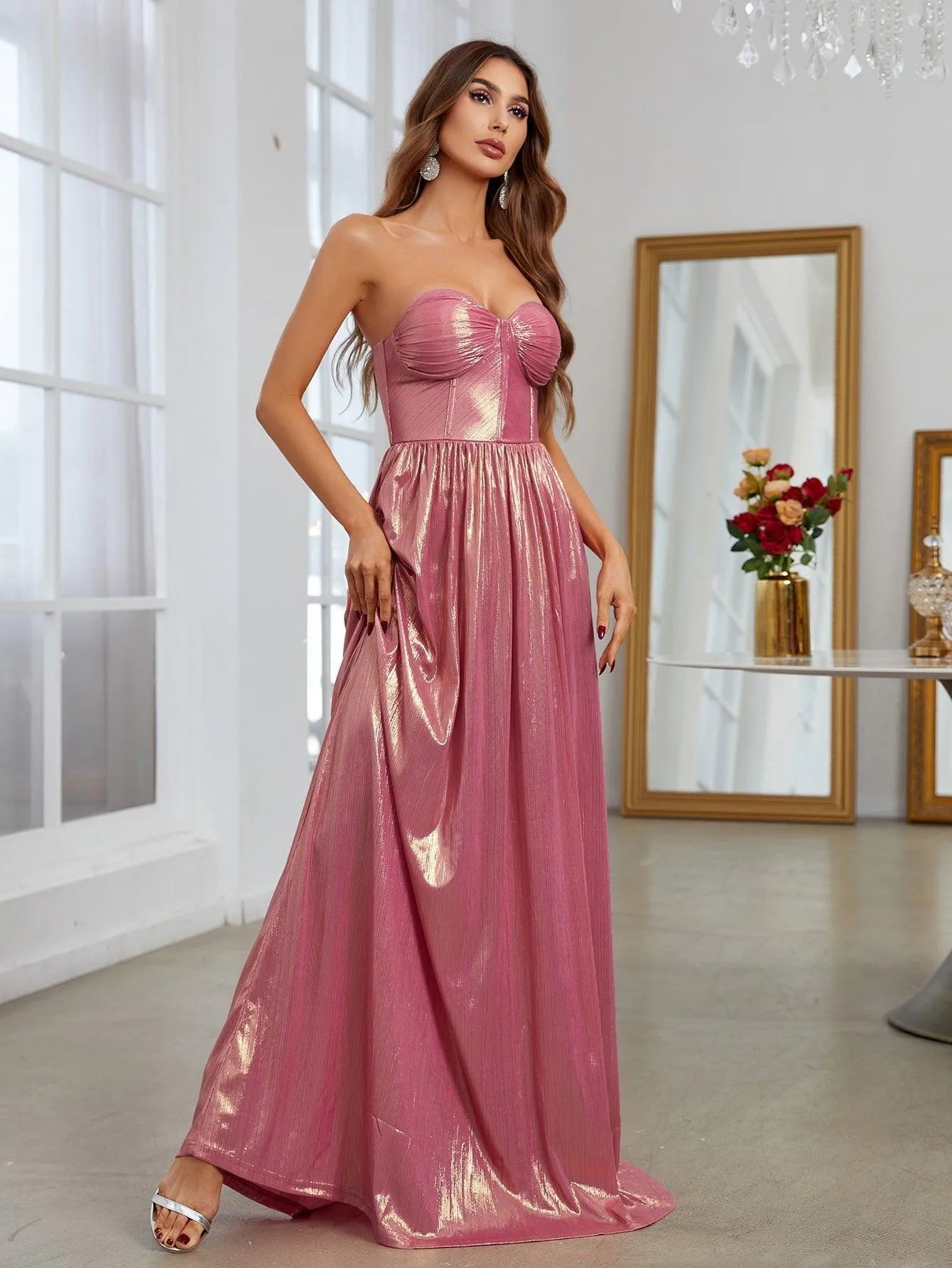 Elegant Metallic Strapless Evening Dress - Elonnashop