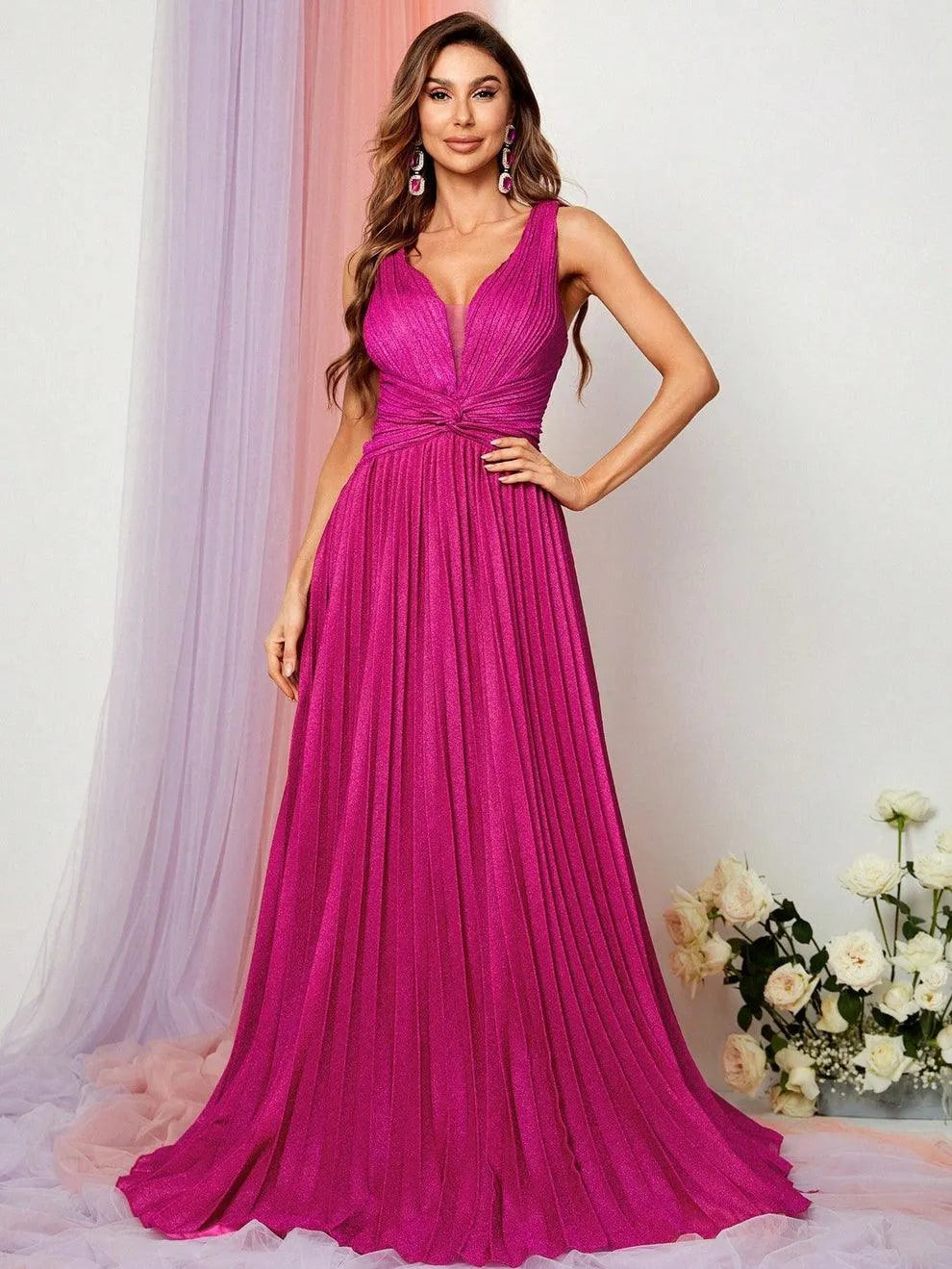 Glitter V Neck Sleeveless Maxi A Line Pleated Gown - Elonnashop