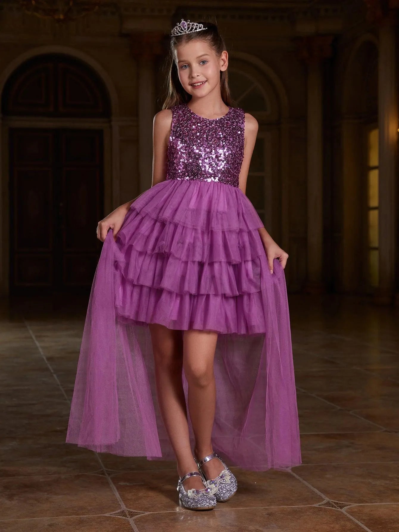 Tween Girls' Mesh Layered Hem Sequin Party Dress - Elonnashop