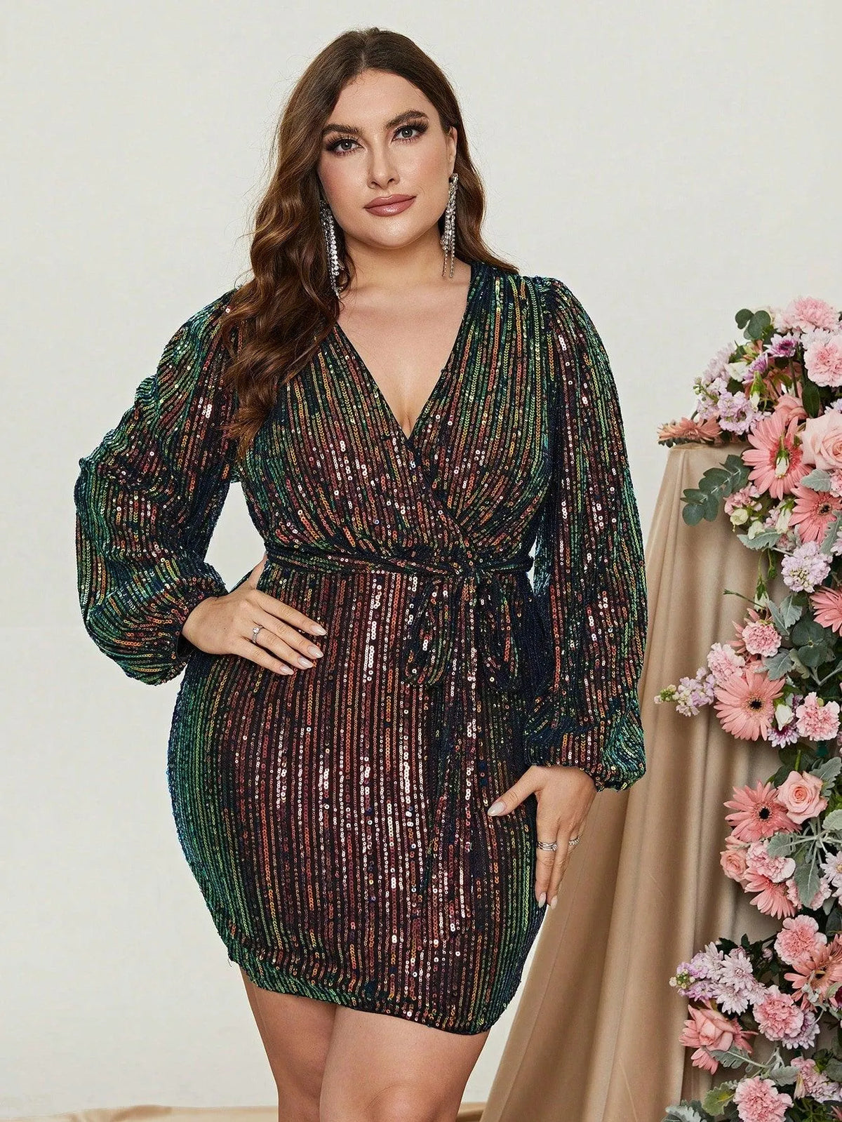 Plus Surplice Neck Lantern Sleeves Sequin Belted Dress - Elonnashop