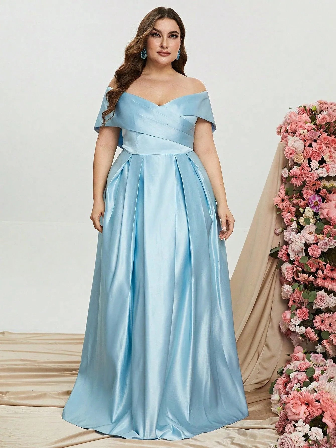 Plus Elegant Off Shoulder Satin A Line Prom Dress - Elonnashop