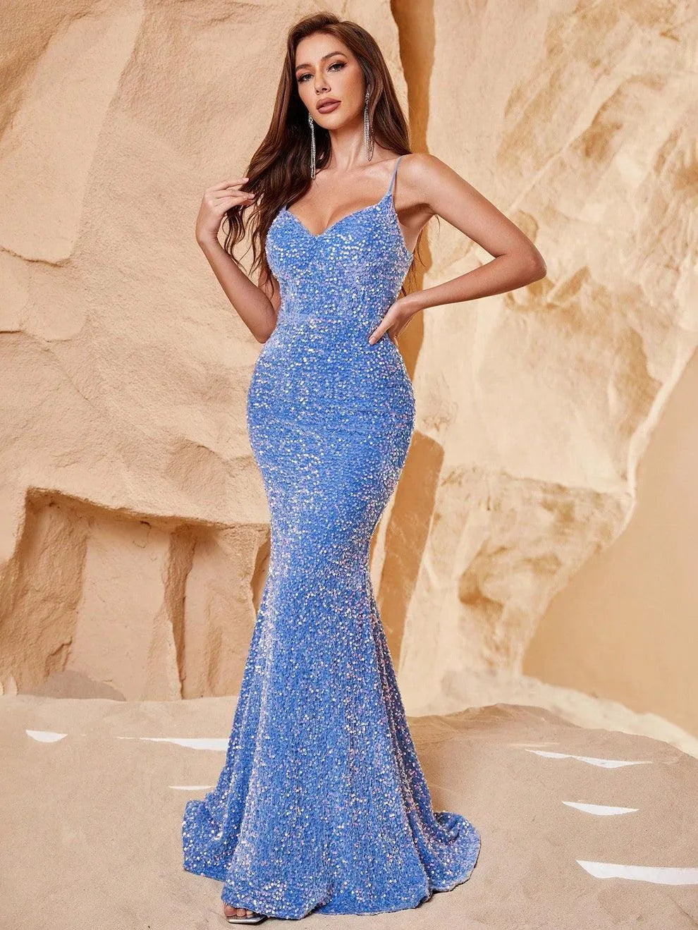 Elegant Spaghetti Straps Sequin Mermaid Dresses - Elonnashop