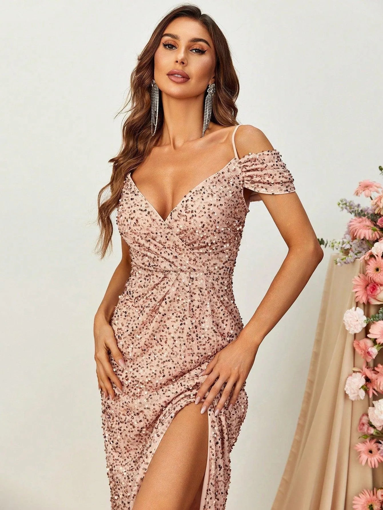 Off Shoulder Short Sleeve Sequin A Line Slit Dresses - Elonnashop