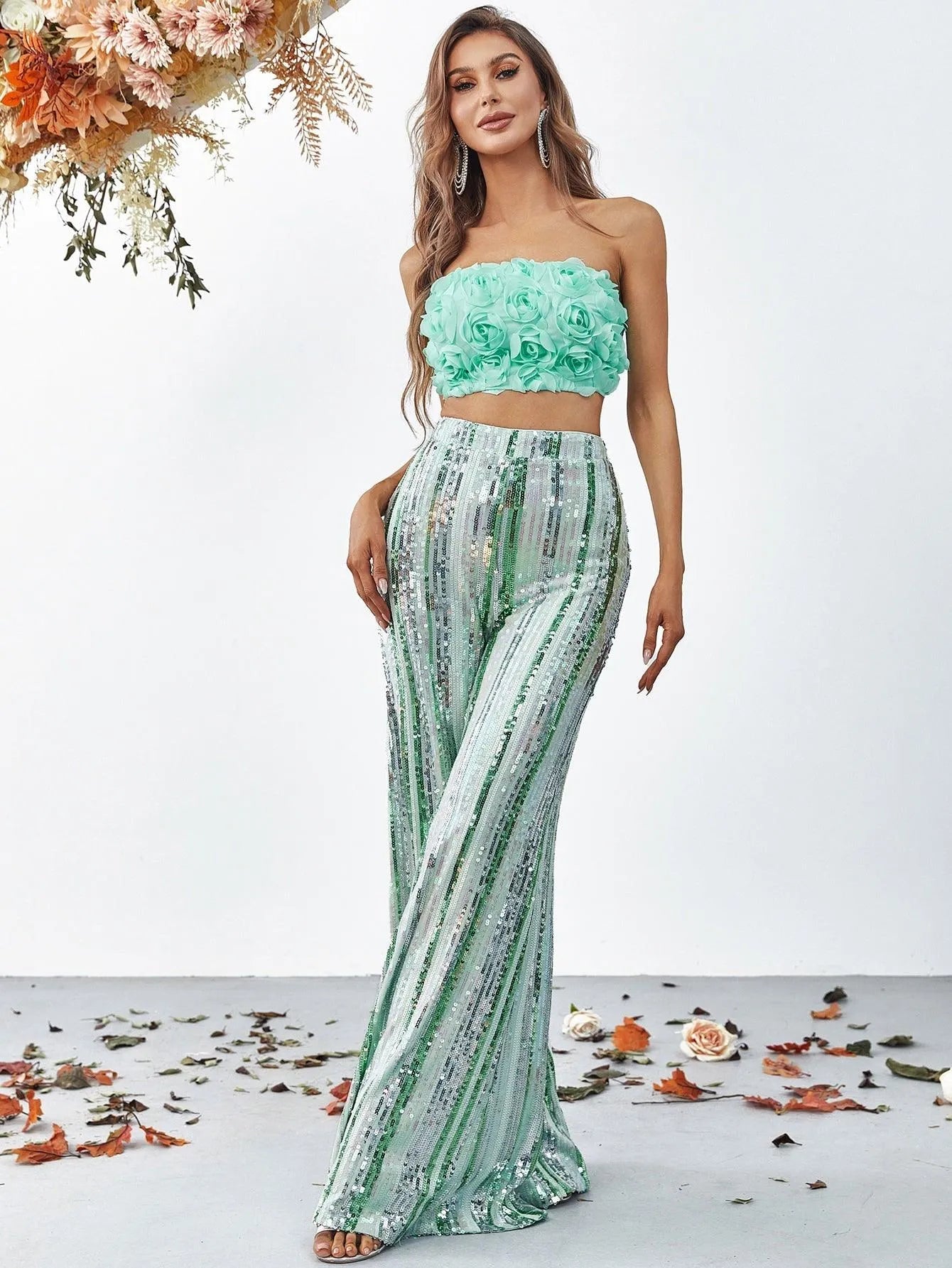 3D Flowers Tube Top & Sequin Wide Leg Pants - Elonnashop