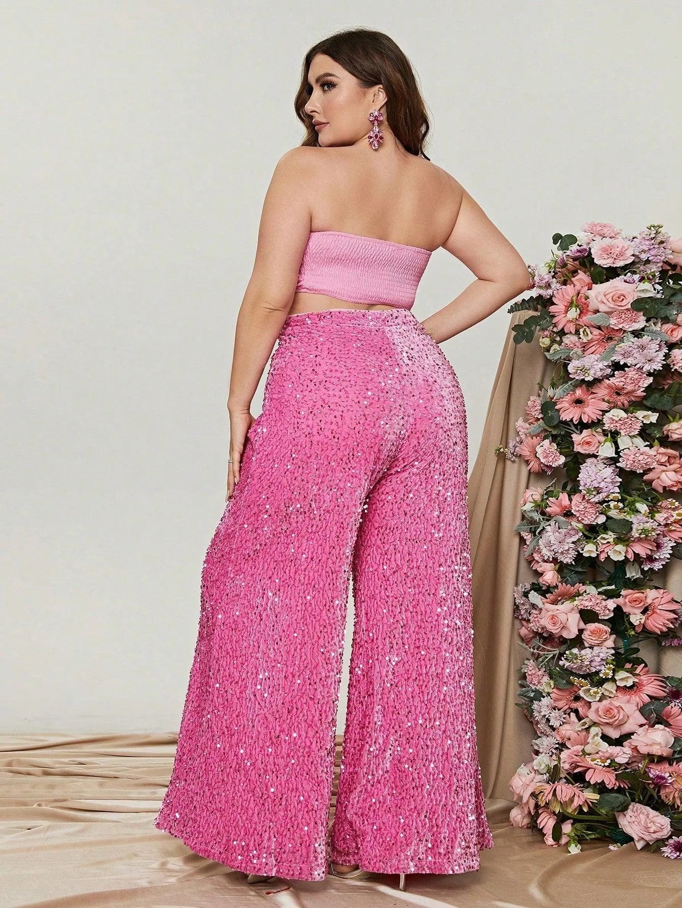 Plus 3D Flowers Tube Top & Sequin Wide Leg Pants - Elonnashop