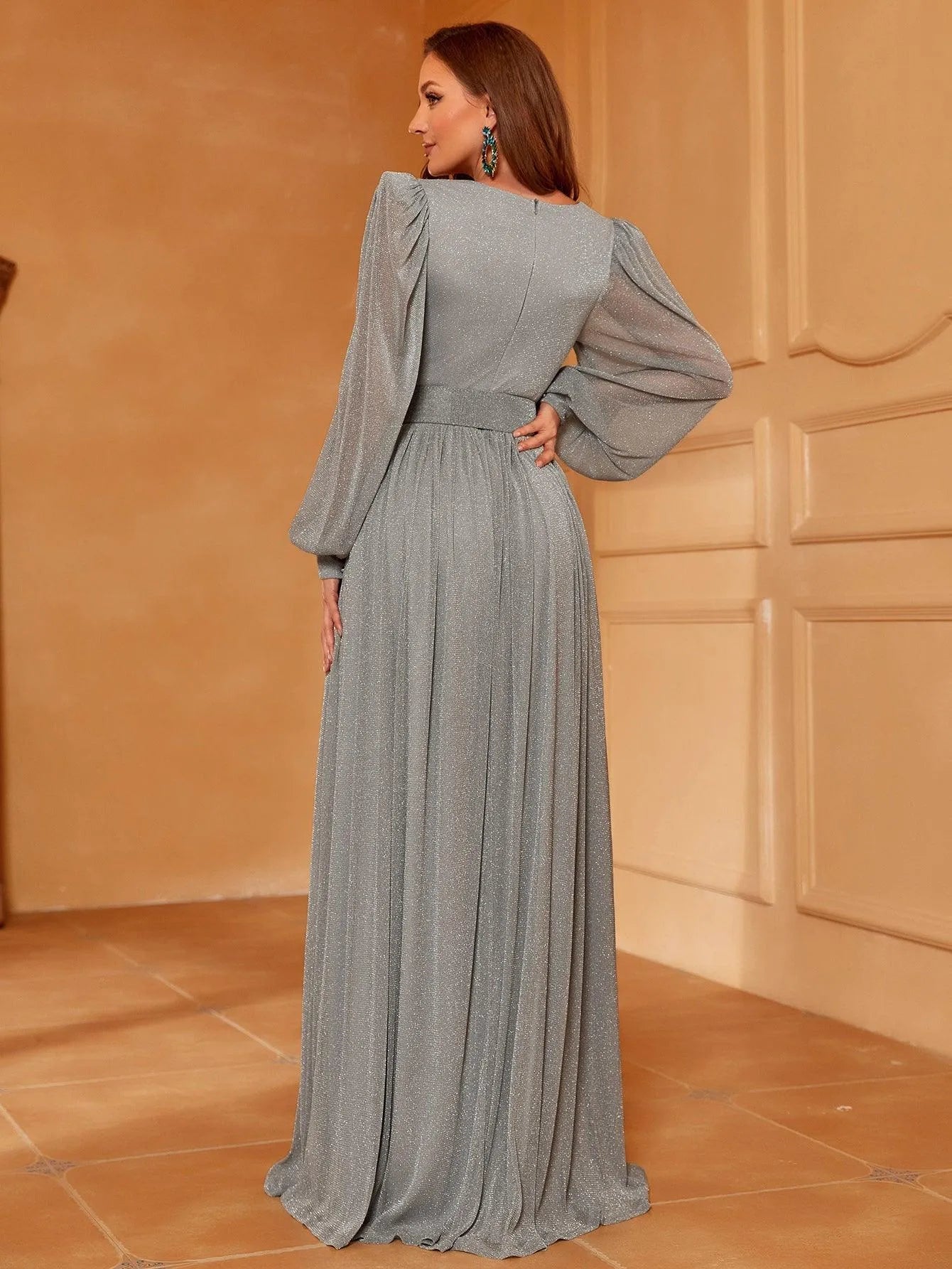 Glitter Bishop Sleeves Belted A Line Dress - Elonnashop