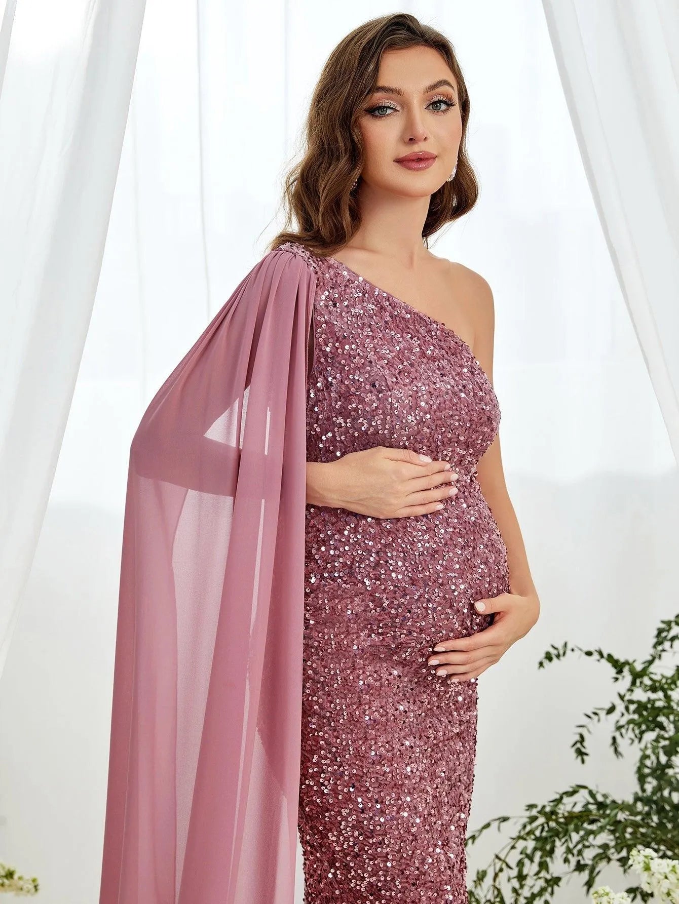 Maternity One Shoulder Draped Side Sequin Mermaid Dress - Elonnashop