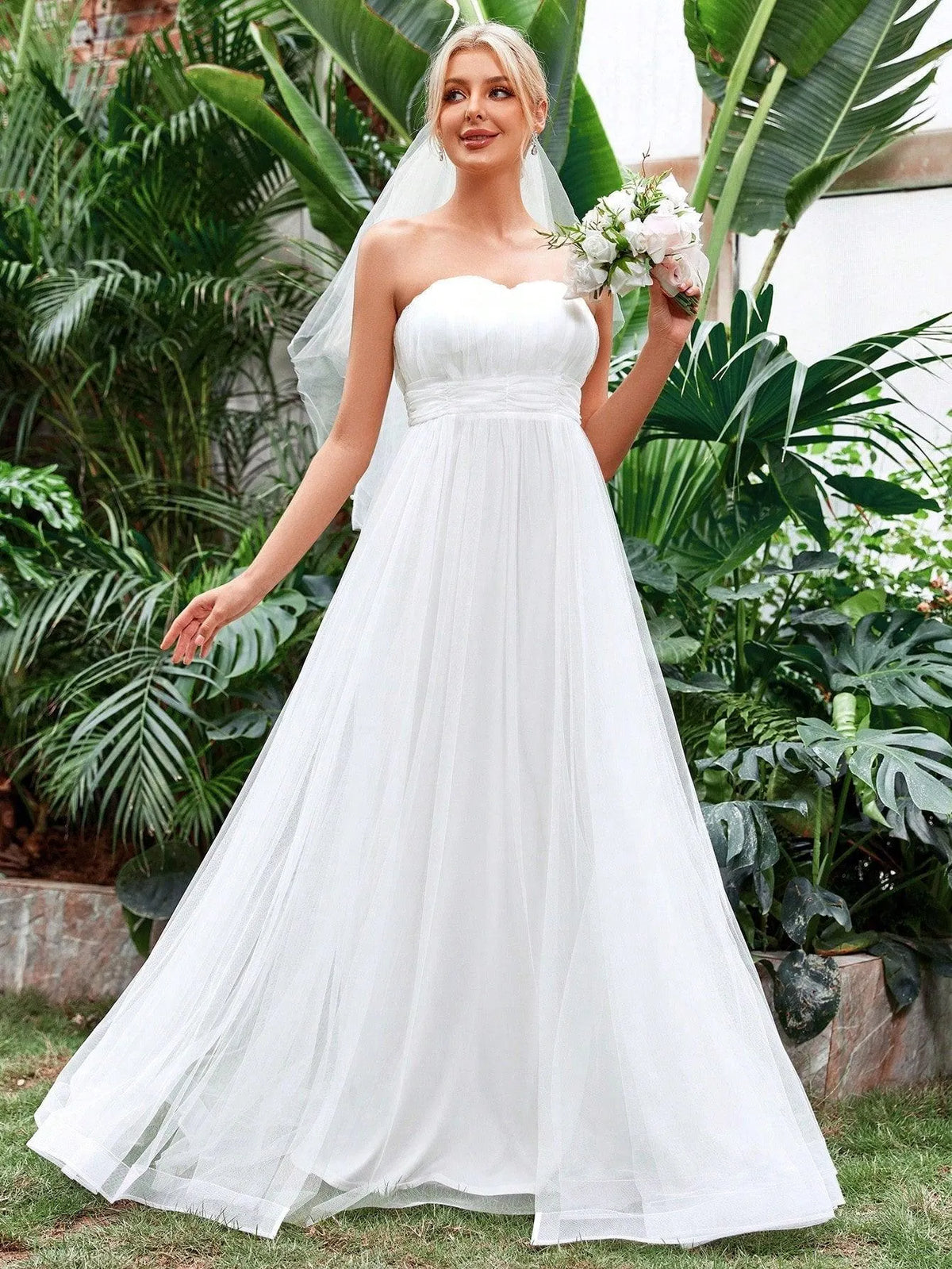 Ruched Waist Mesh Tube Wedding Dress - Elonnashop