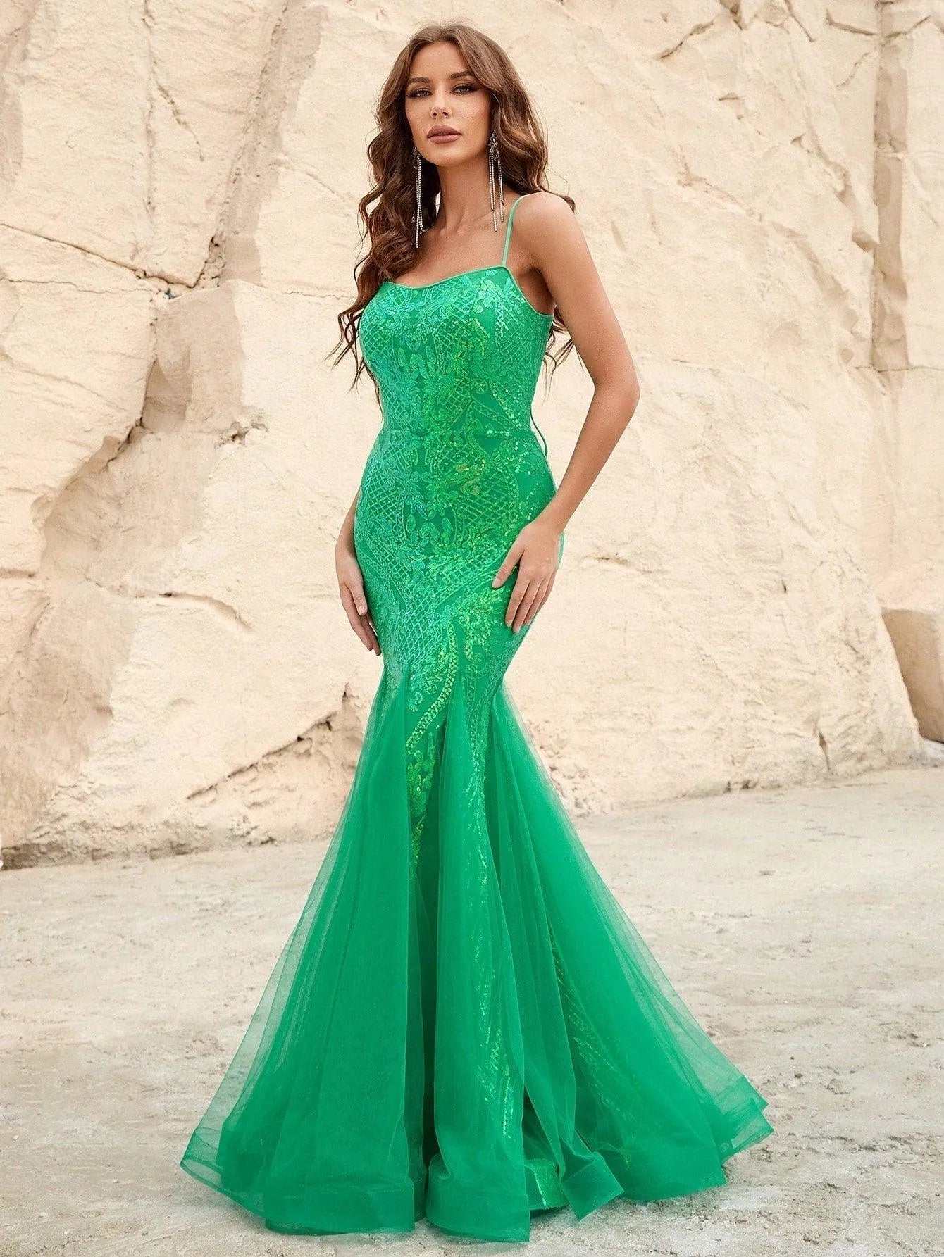 Elegant Spaghetti Strap Mesh Insert Sequin Mermaid Dress - Elonnashop