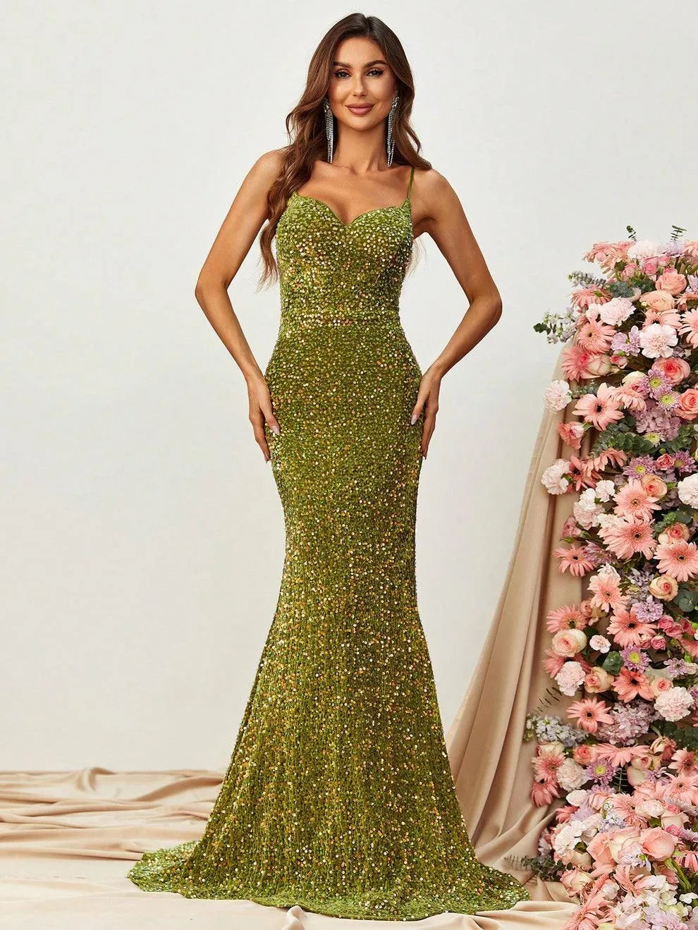 Elegant Spaghetti Straps Sequin Mermaid Dresses - Elonnashop