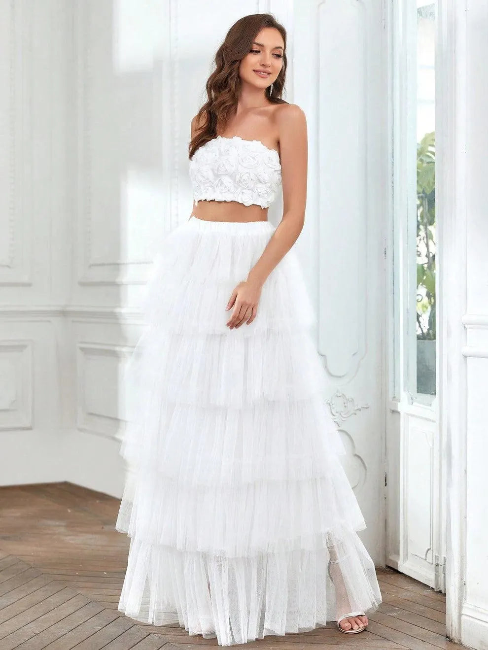 Ruffled Tulle Skirt and Rosette Crop Top Set - Elonnashop