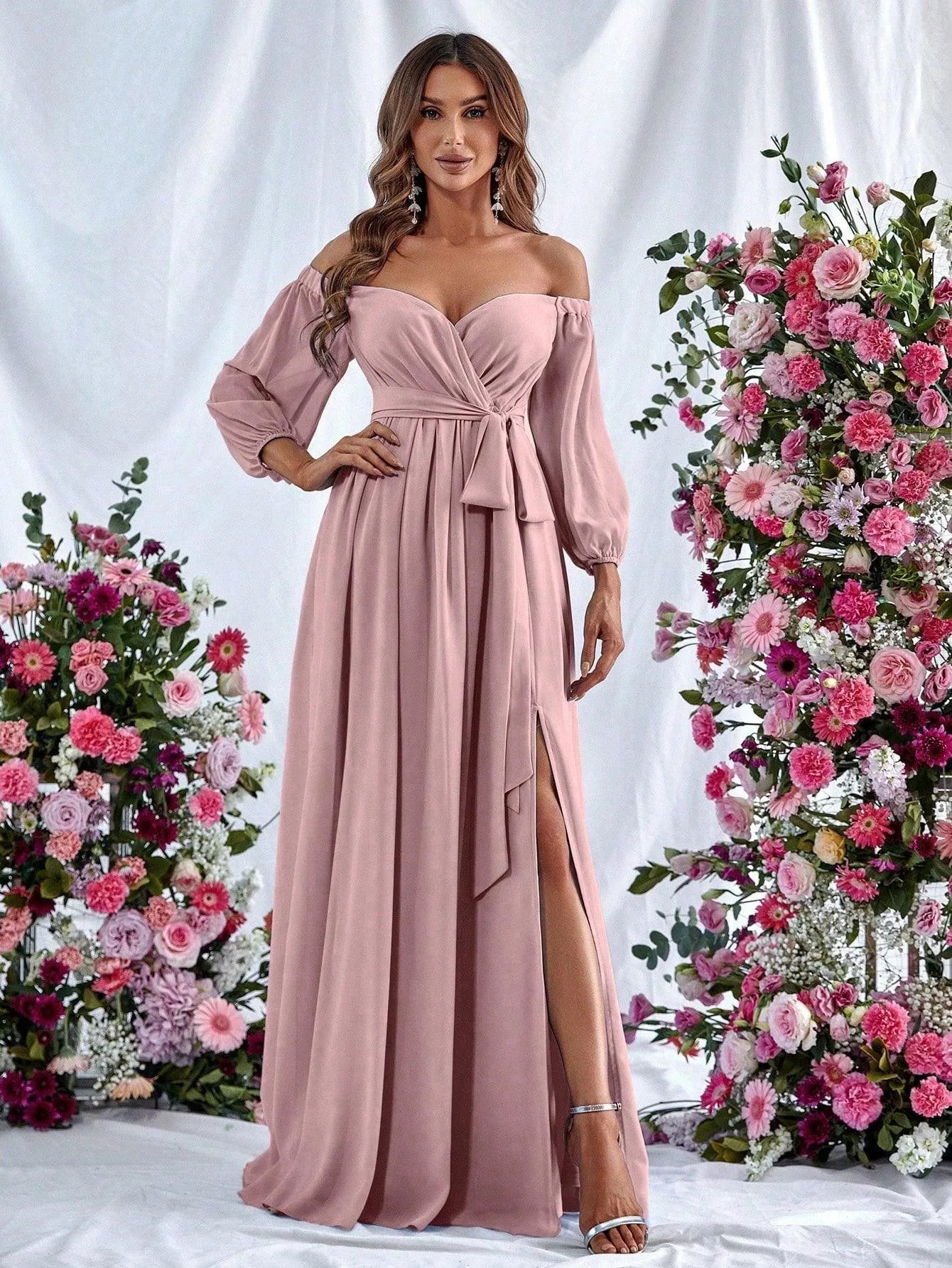 Off Shoulder Split Thigh Belted Chiffon A Line Dress - Elonnashop